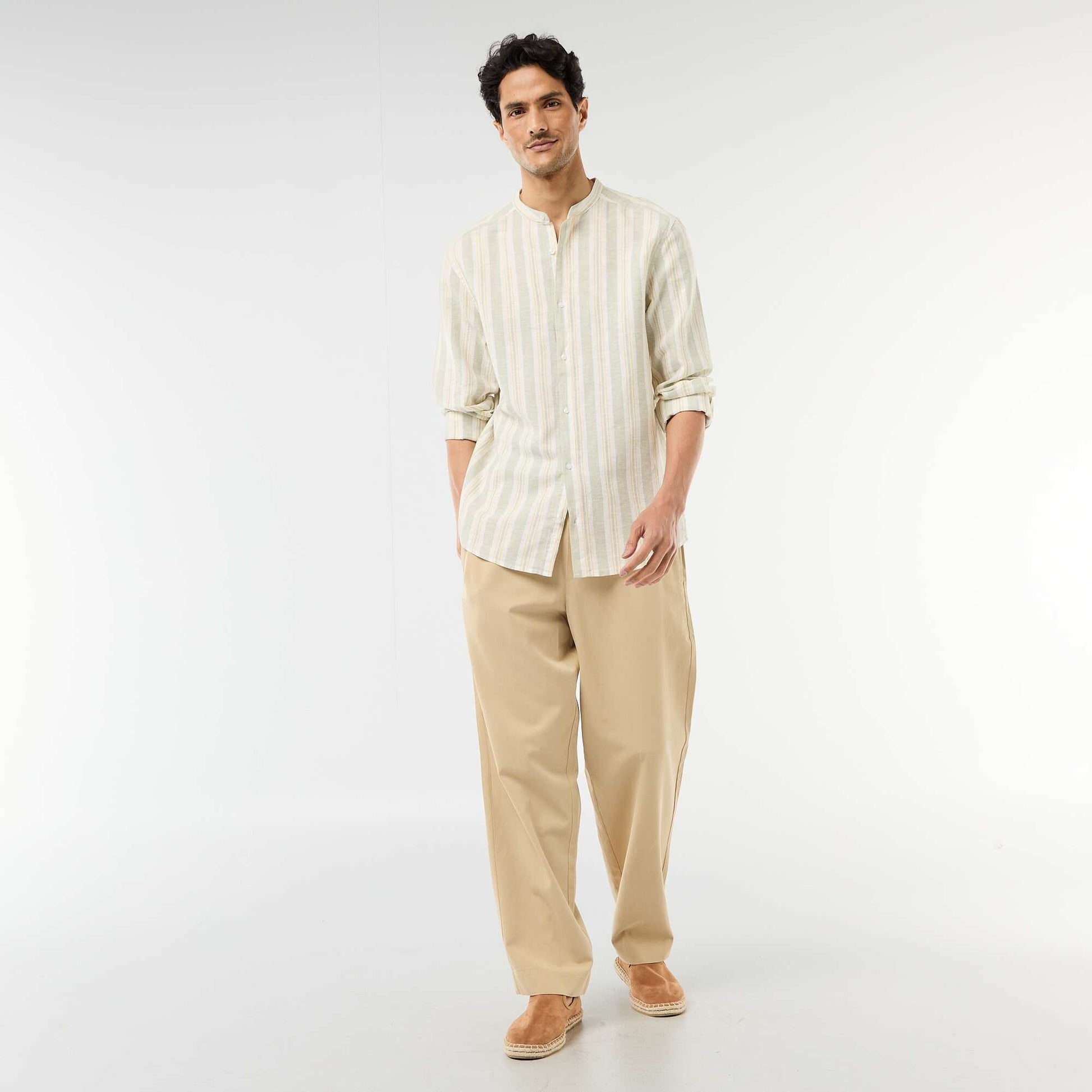 Chemise rayée col mao et manches retroussables VERT
