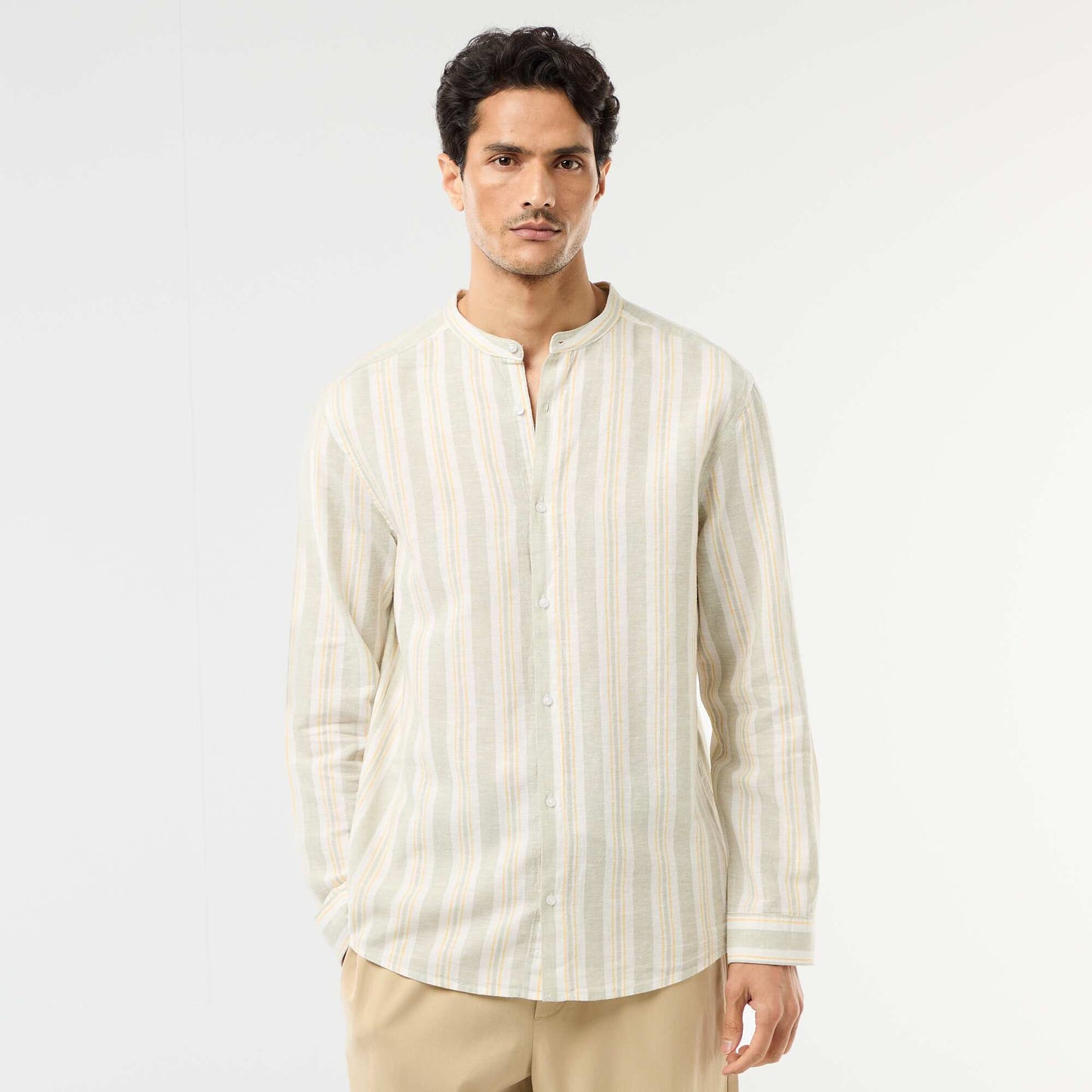 Chemise rayée col mao et manches retroussables VERT