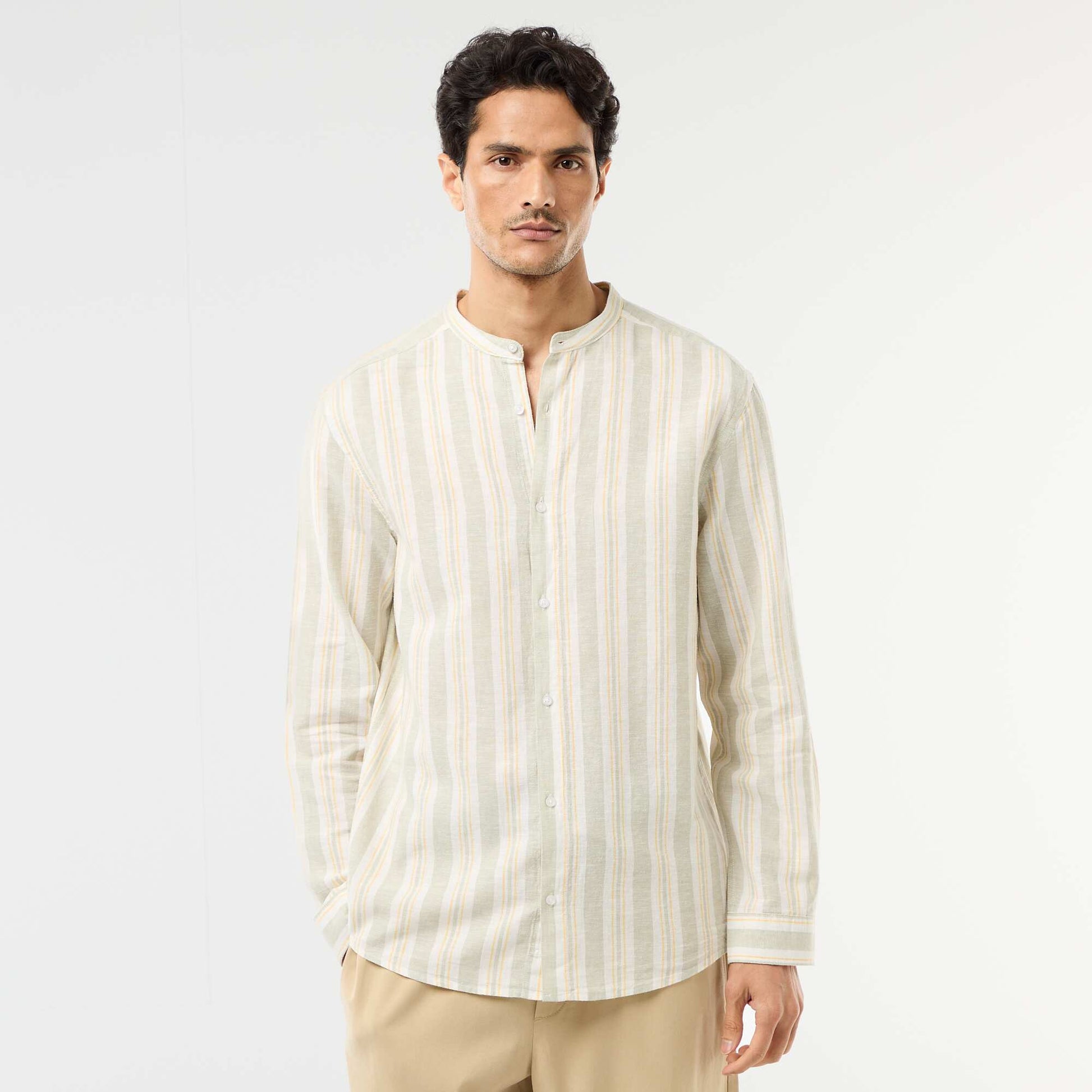 Chemise rayée col mao et manches retroussables VERT