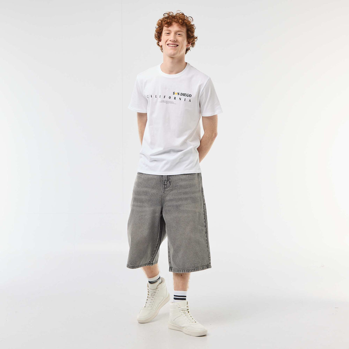 T-shirt col rond imprimé en coton BLANC