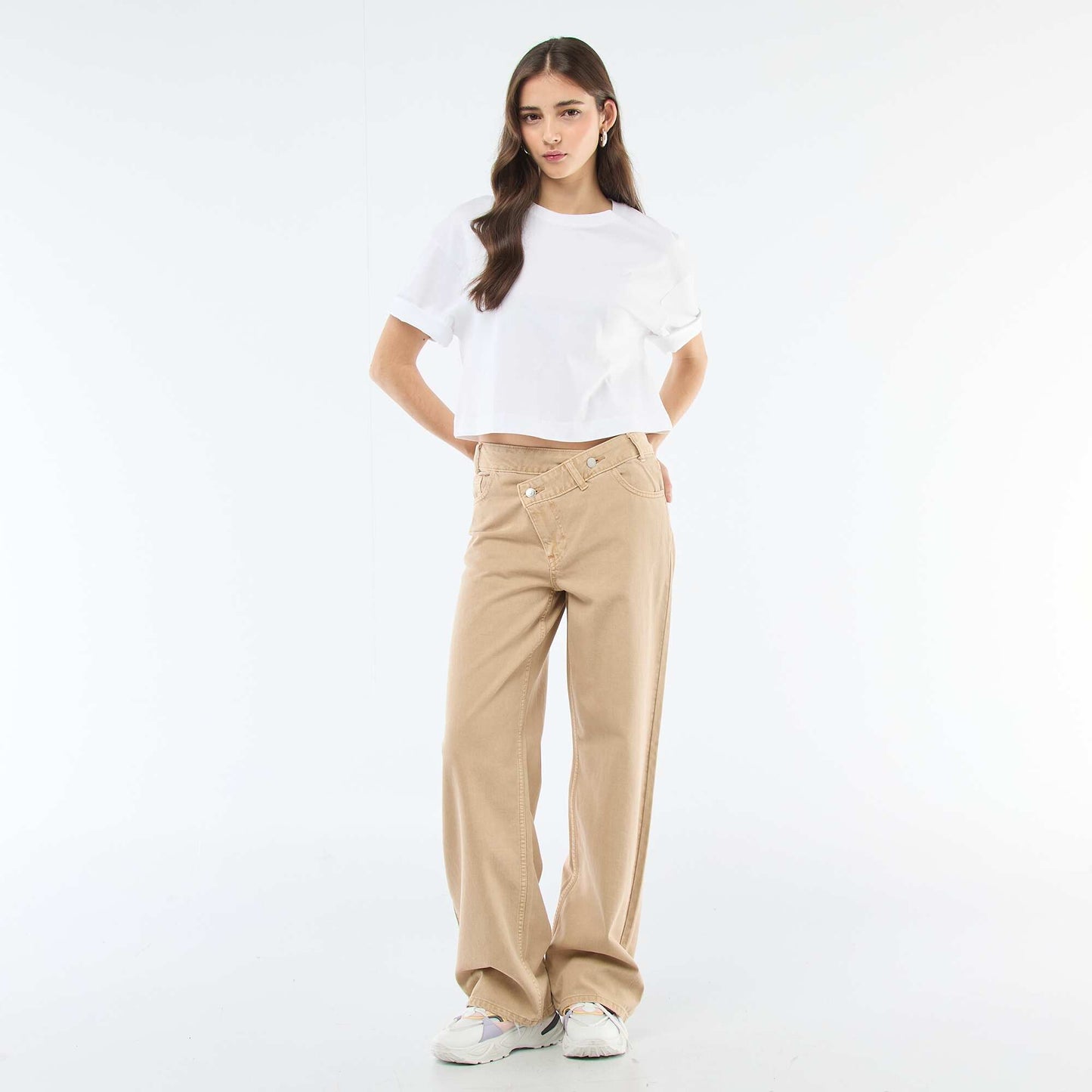 Pantalon twill ouverture asymétrique BEIGE