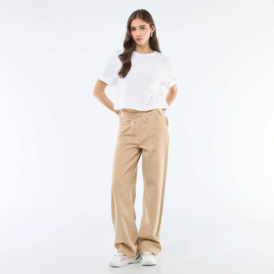 Pantalon twill ouverture asymétrique BEIGE