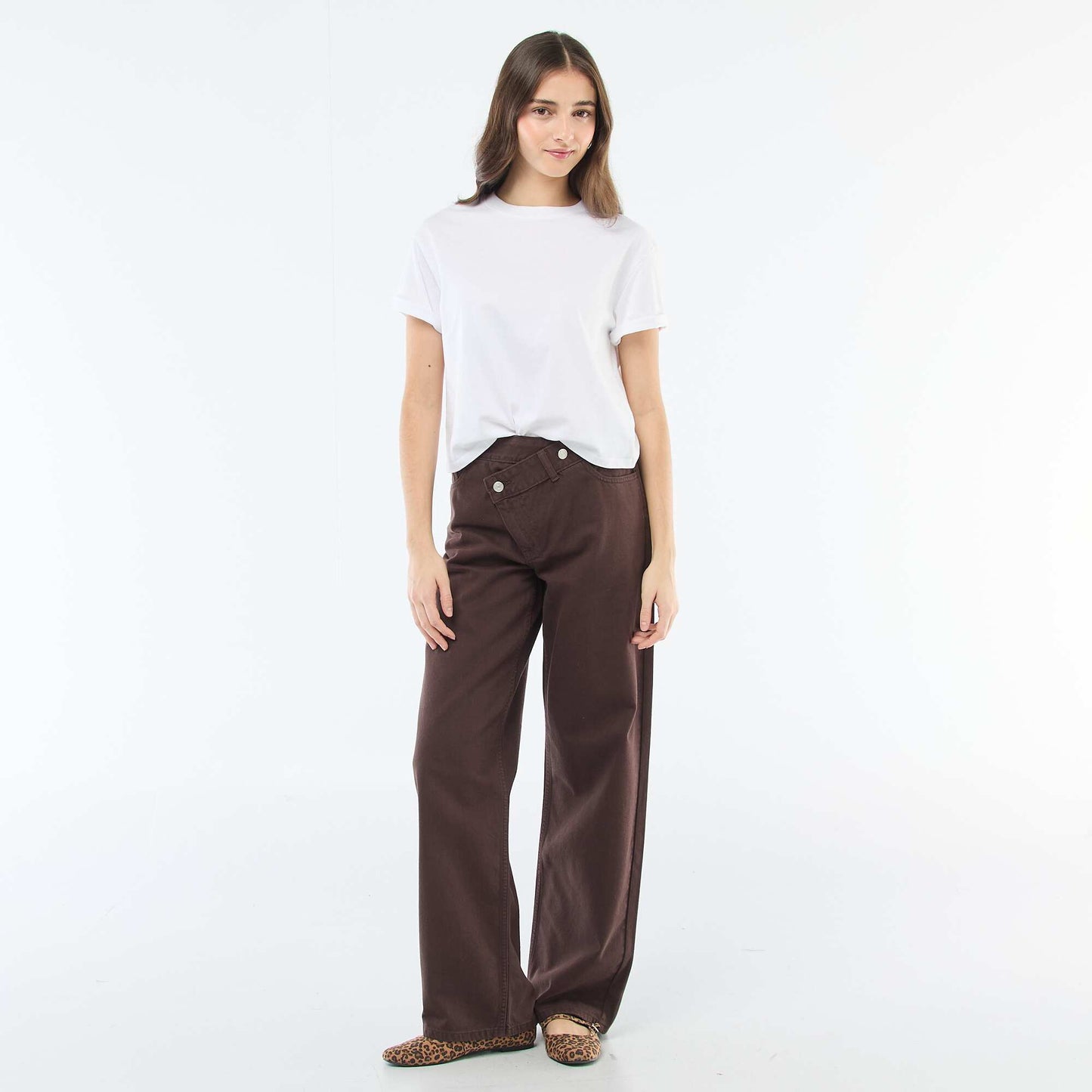 Pantalon twill ouverture asymétrique MARRON
