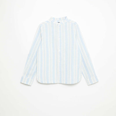 Chemise rayée col mao en lin et coton BLEU