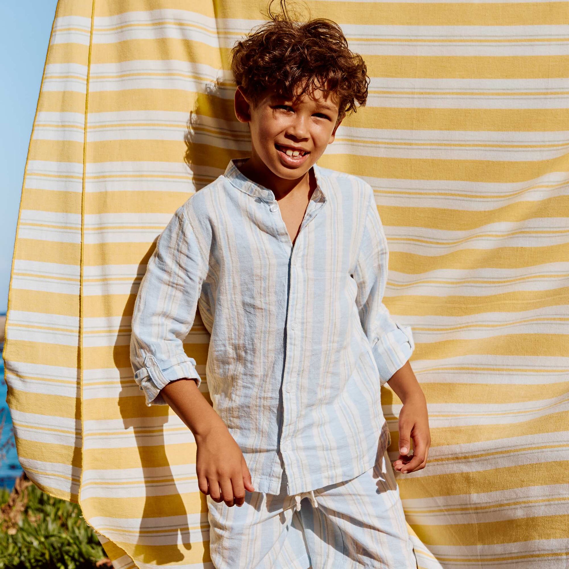 Chemise rayée col mao en lin et coton BLEU