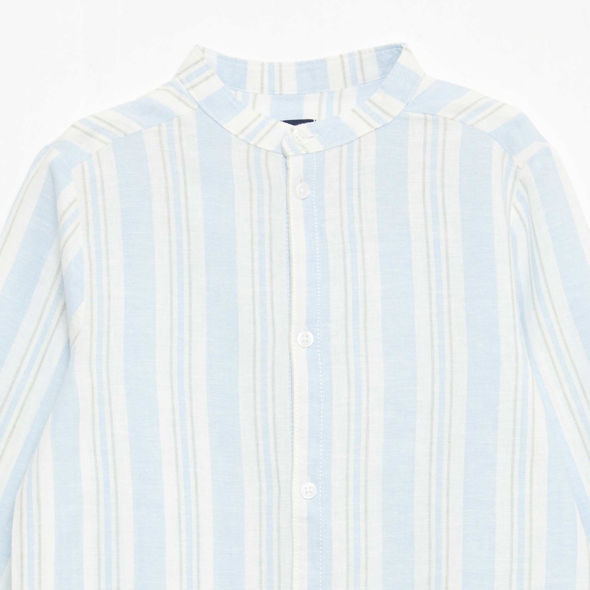 Chemise rayée col mao en lin et coton BLEU