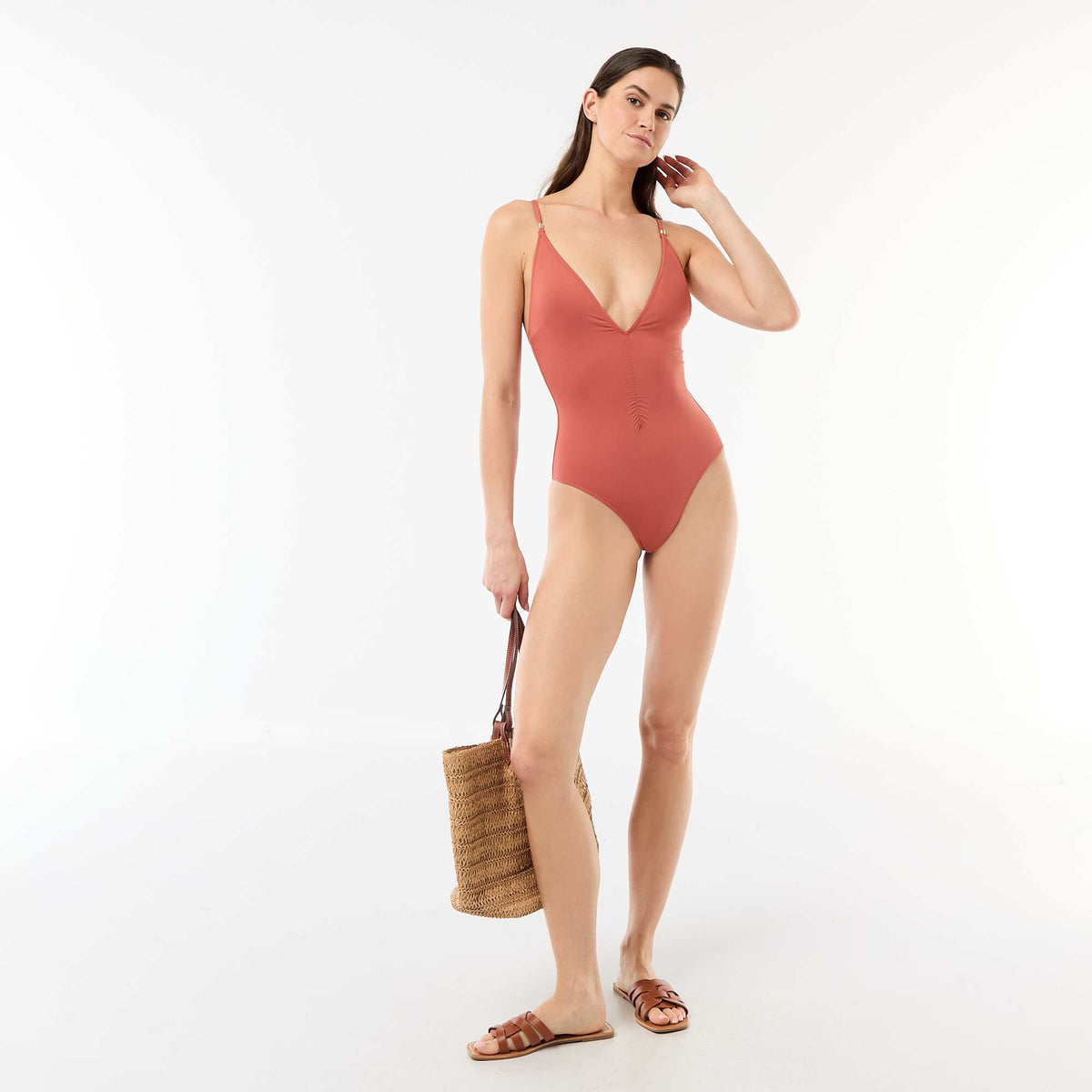 Maillot de bain 1 pièce plongeant avec bijou ROUGE
