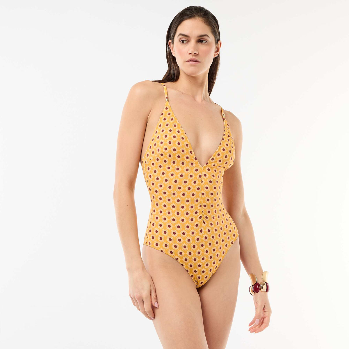 Maillot de bain 1 pièce plongeant avec bijou JAUNE