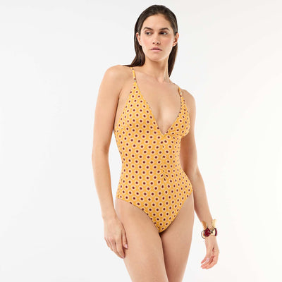 Maillot de bain 1 pièce plongeant avec bijou JAUNE