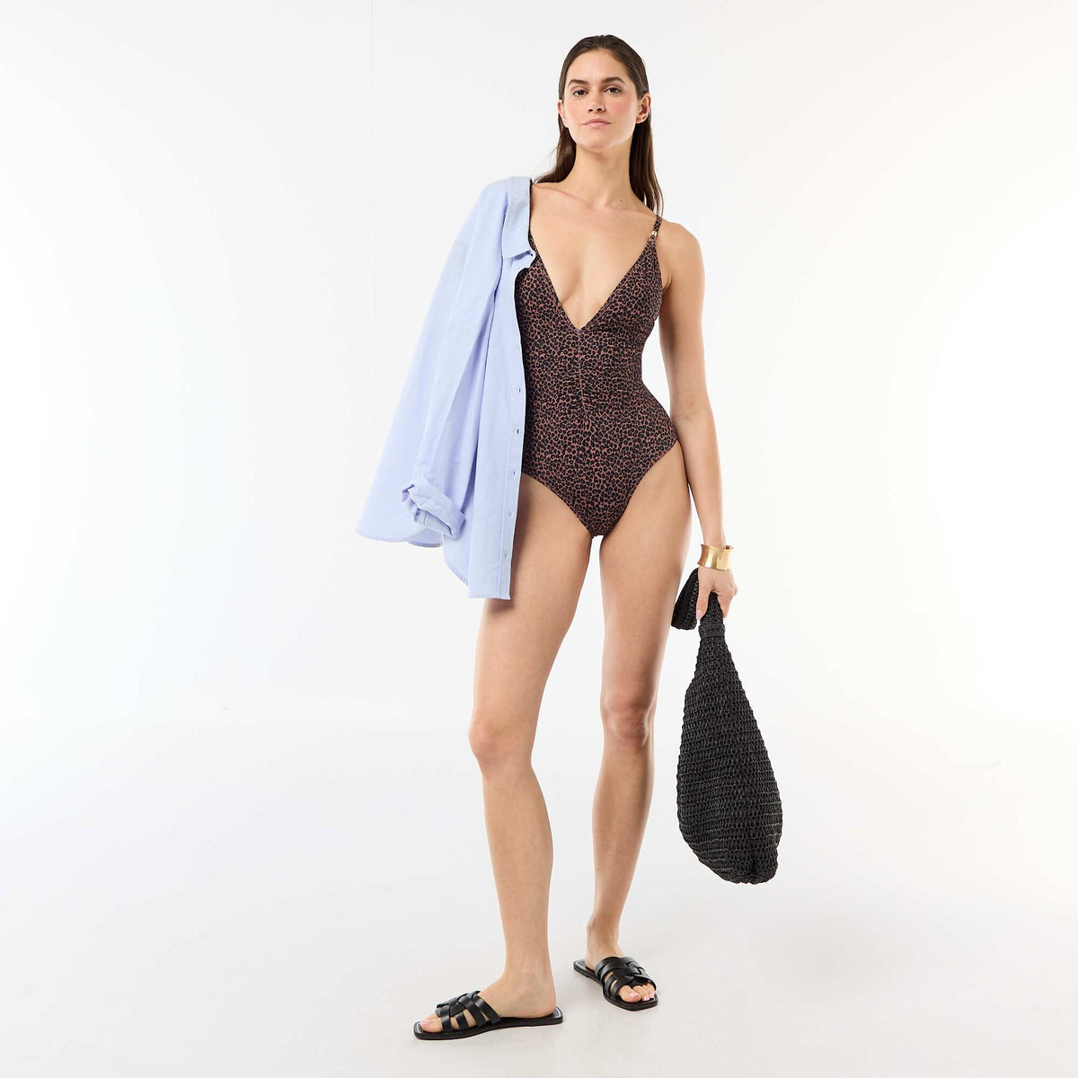 Maillot de bain 1 pièce plongeant avec bijou BEIGE