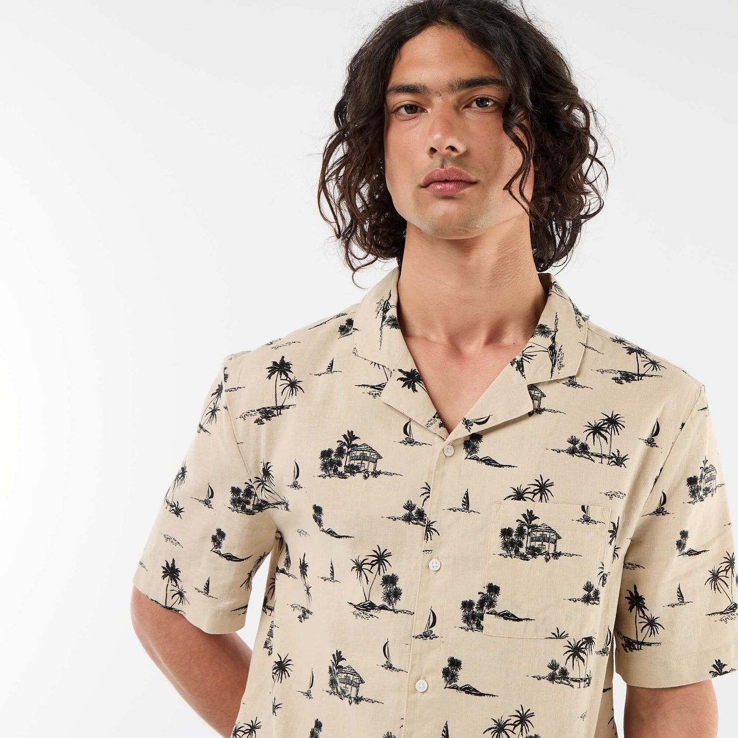 Chemise en lin mélangé à manches courtes BEIGE