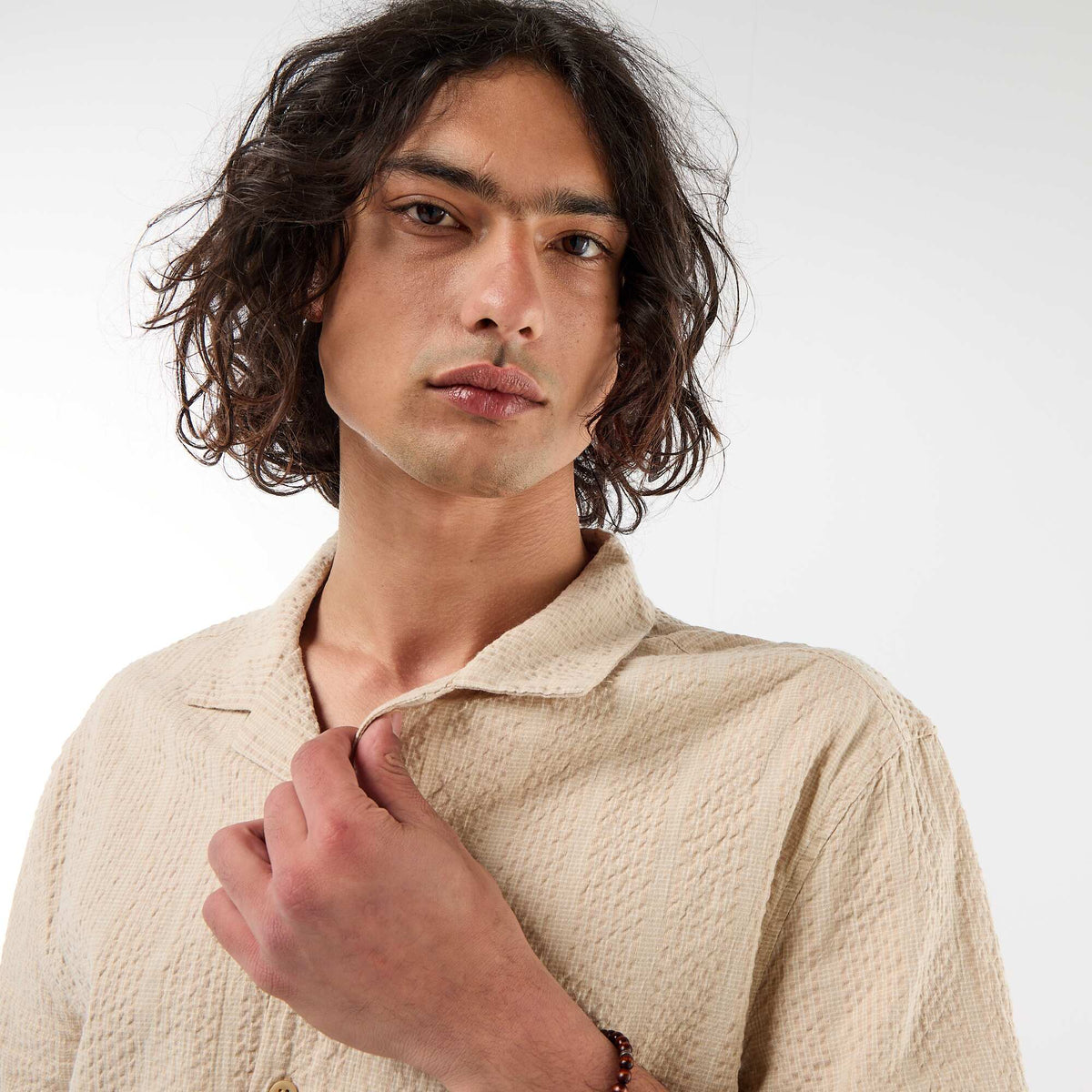 Chemise en maille gaufrée à manches courtes BEIGE