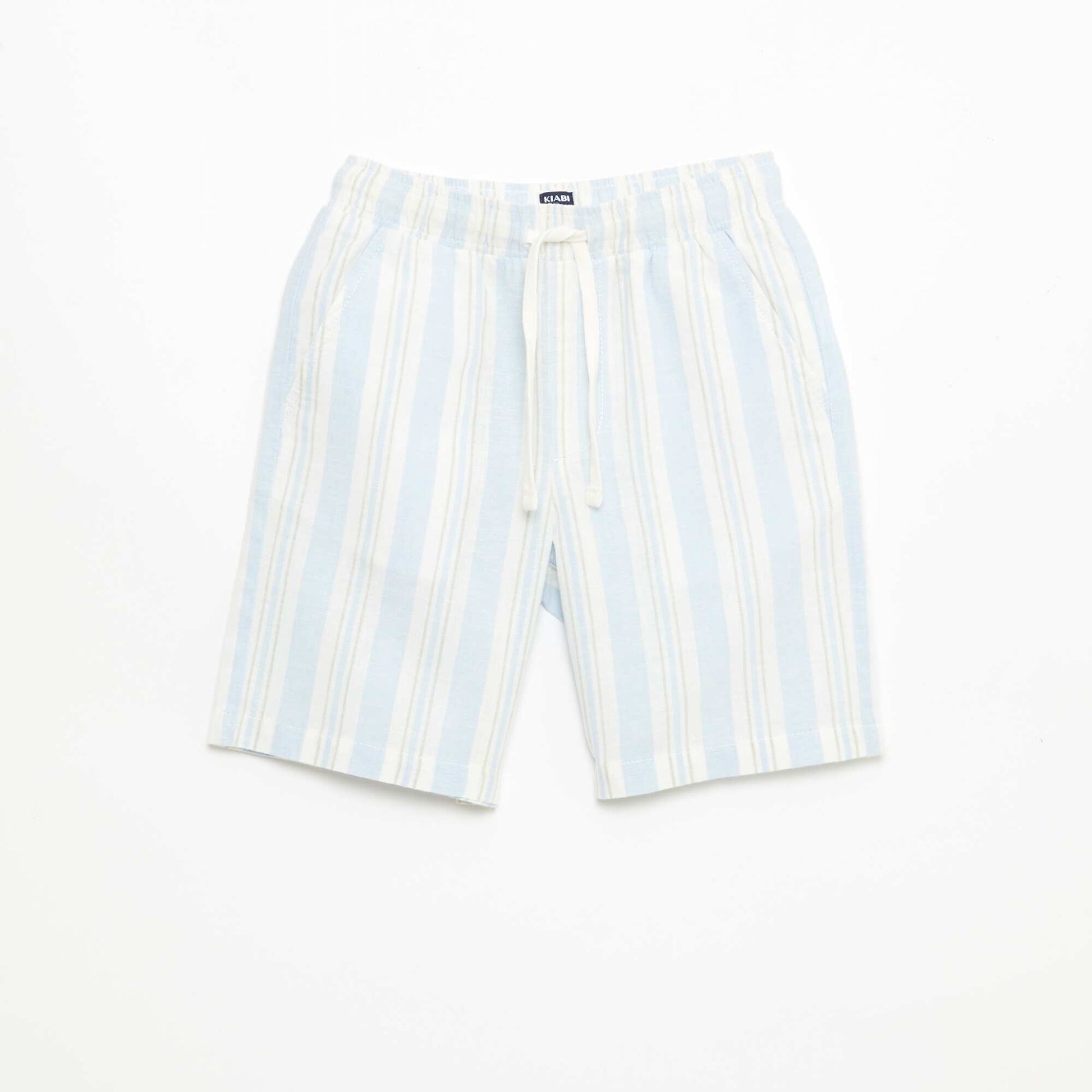 Short rayé à taille élastiquée en lin et coton BLEU