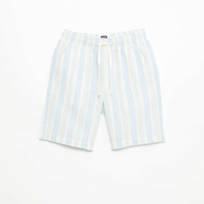 Short rayé à taille élastiquée en lin et coton BLEU