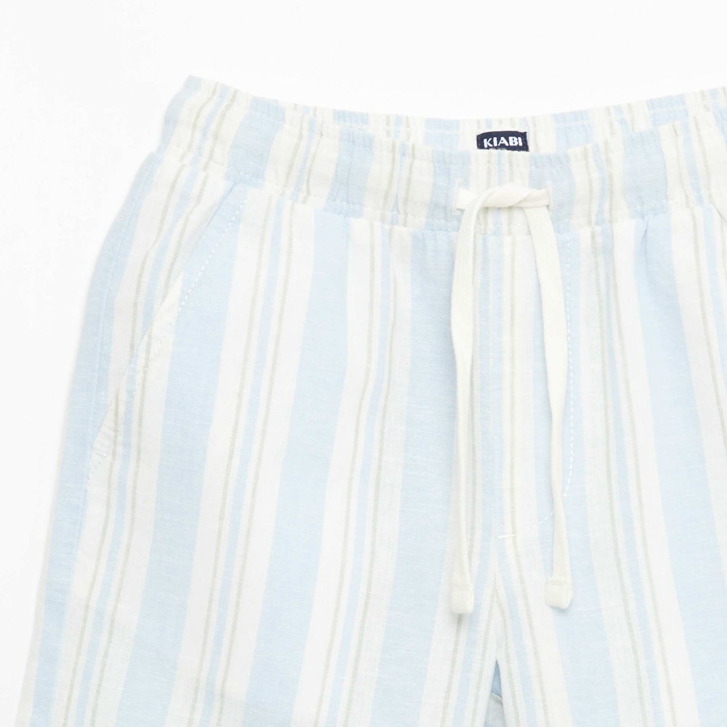 Short rayé à taille élastiquée en lin et coton BLEU