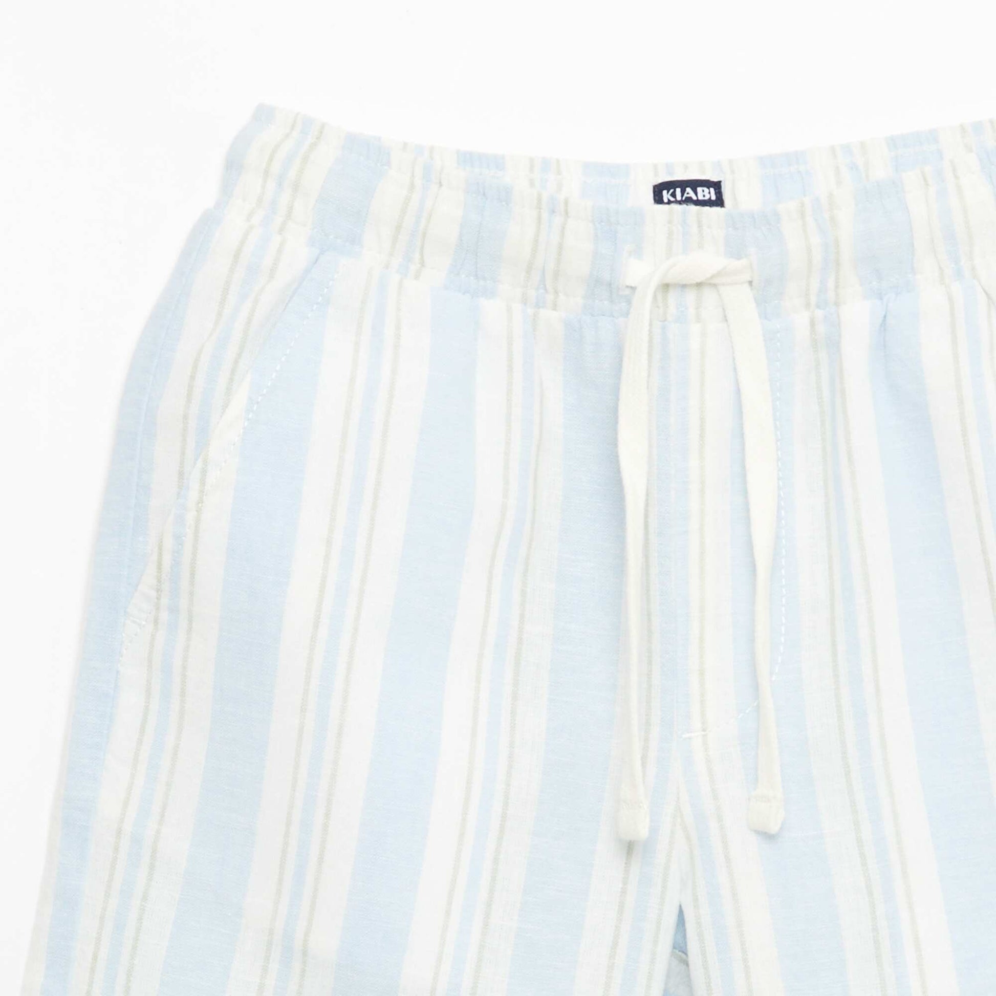 Short rayé à taille élastiquée en lin et coton BLEU