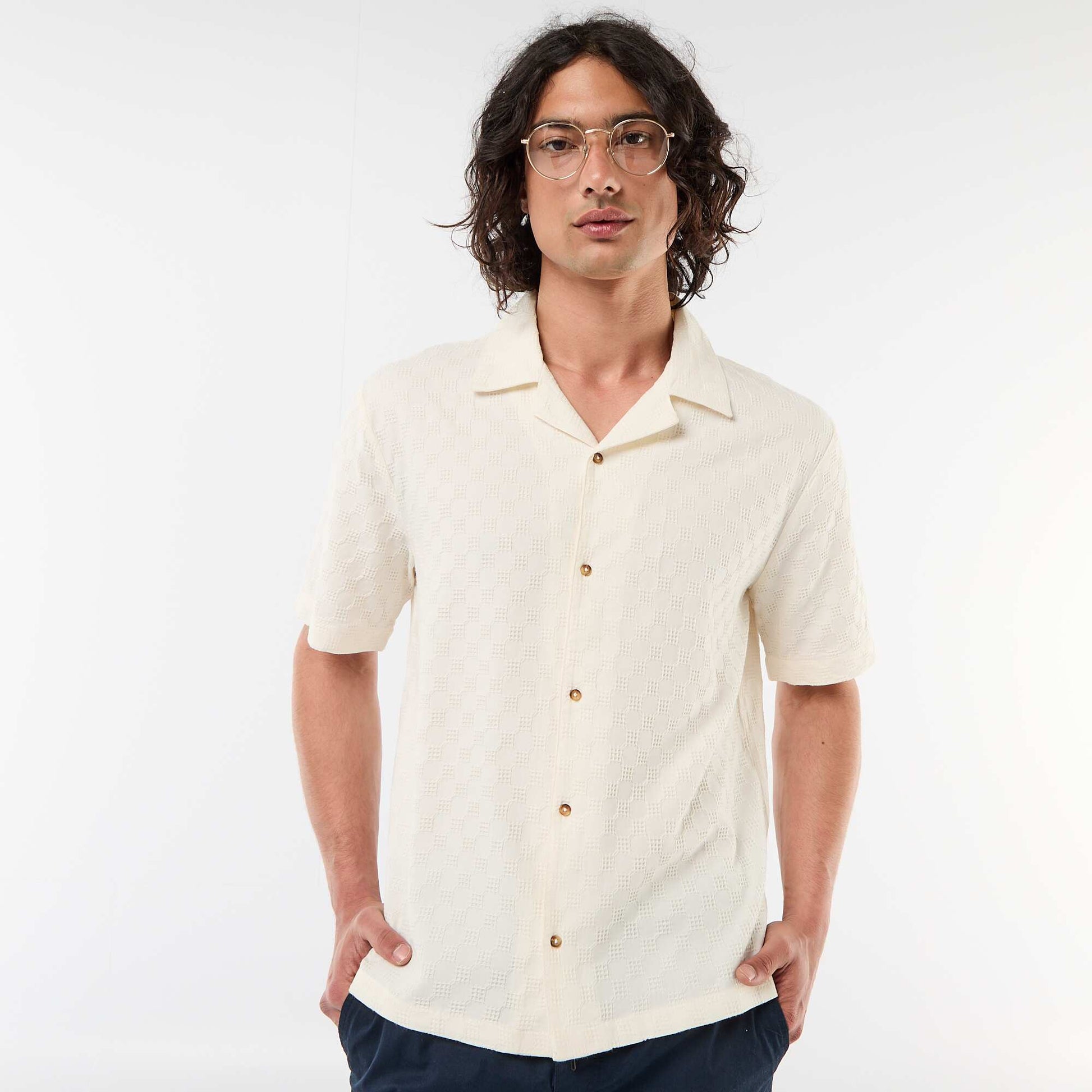 Chemise en maille fantaisie à manches courtes BLANC