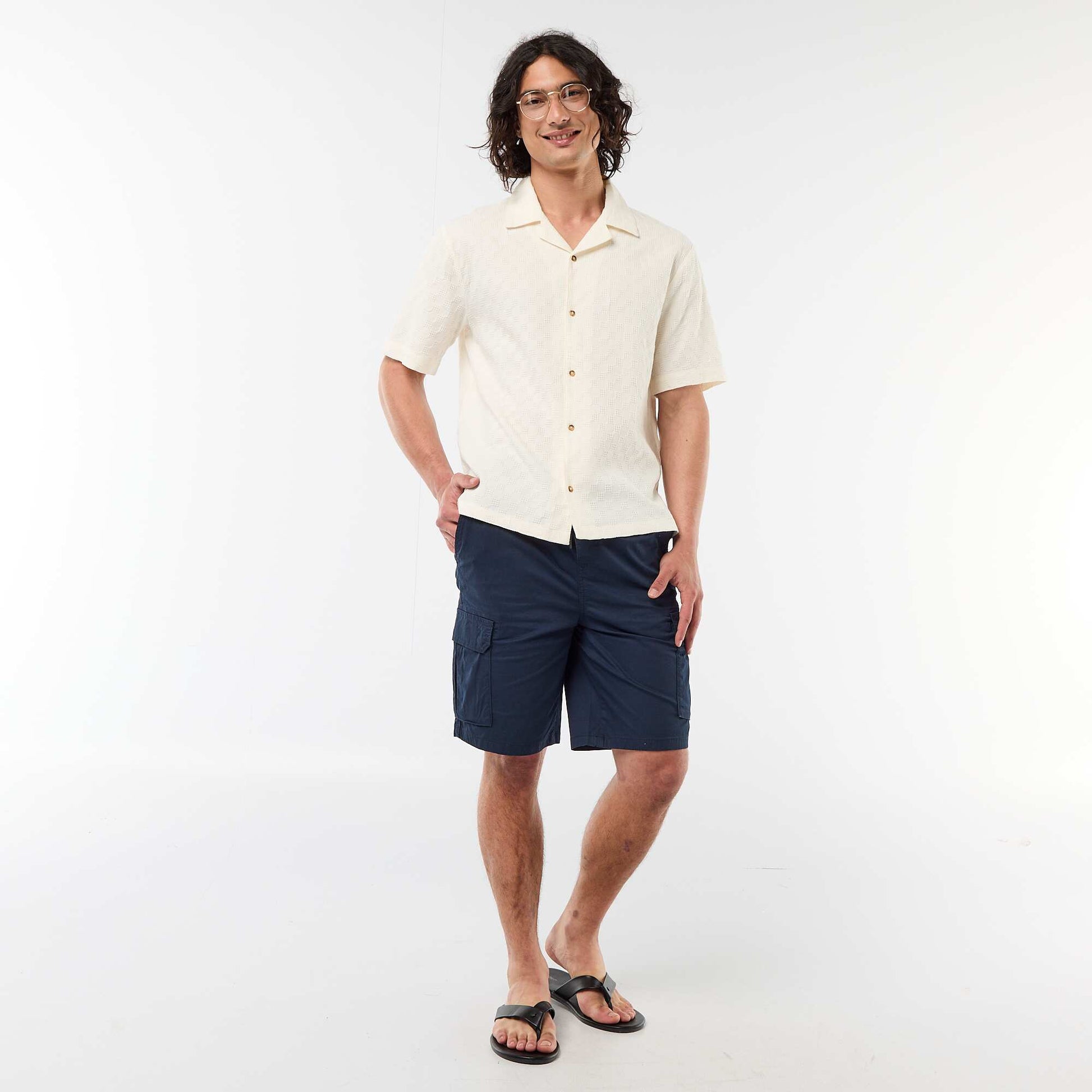 Chemise en maille fantaisie à manches courtes BLANC