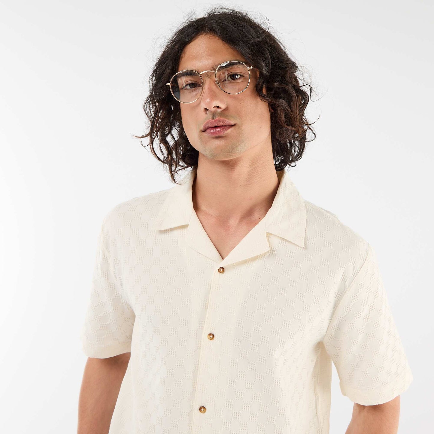Chemise en maille fantaisie à manches courtes BLANC