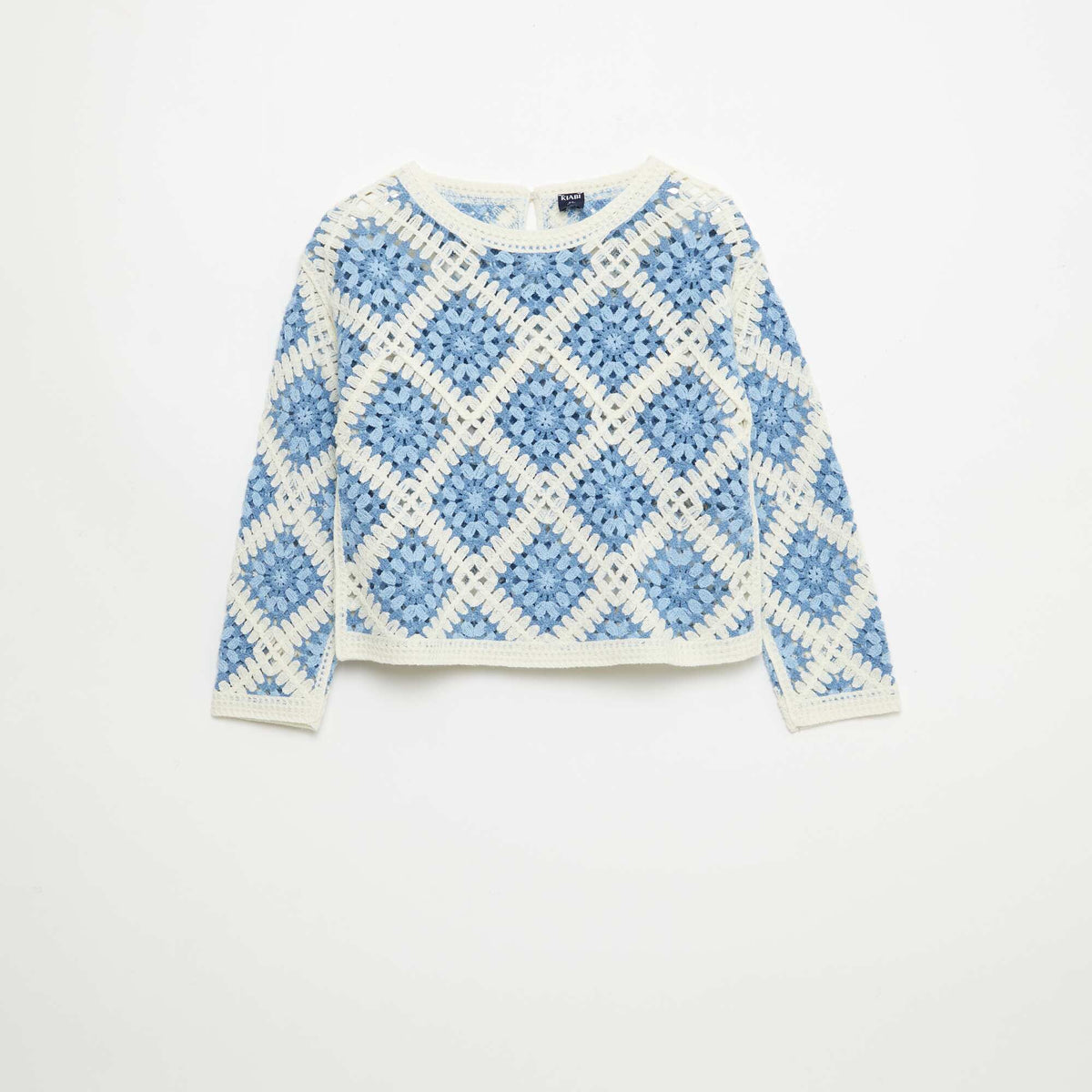 Pull en maille ajourée avec broderies fleurs BLEU
