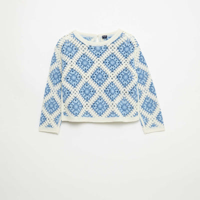 Pull en maille ajourée avec broderies fleurs BLEU