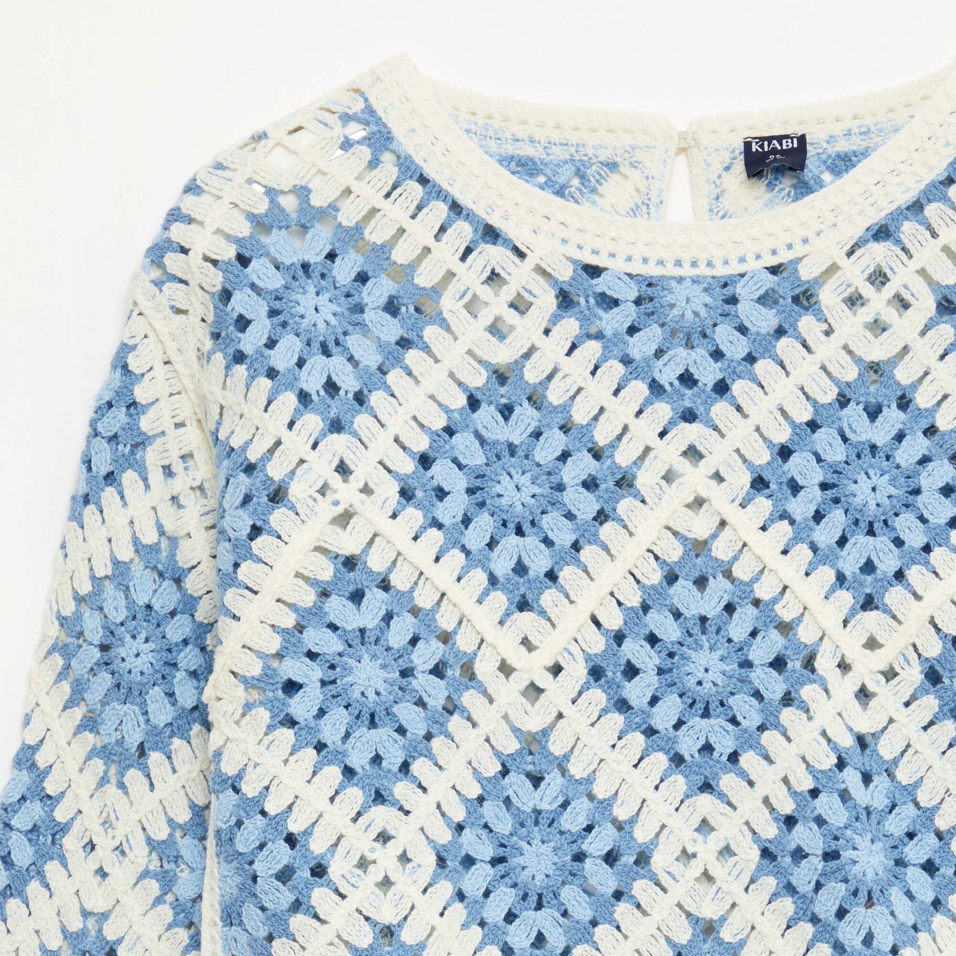 Pull en maille ajourée avec broderies fleurs BLEU