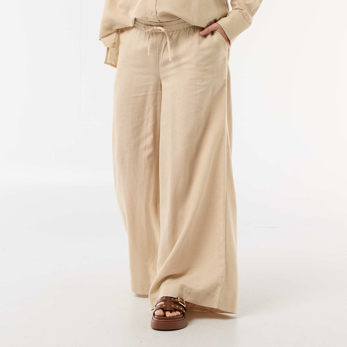 Pantalon large de maternité en lin mélangé BEIGE