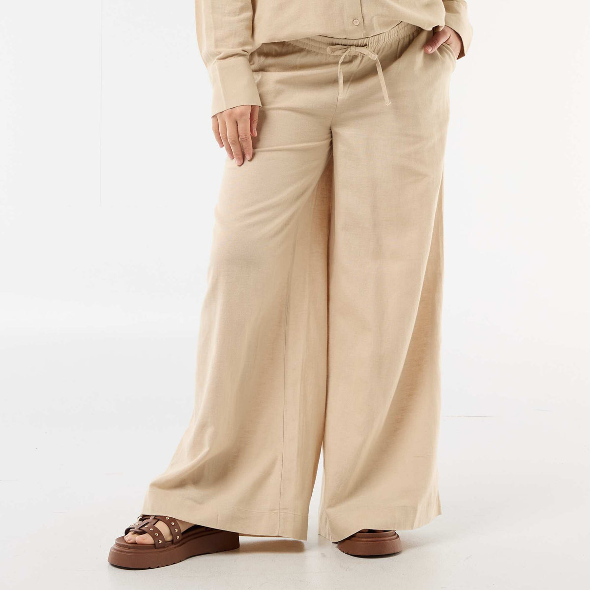 Pantalon large de maternité en lin mélangé BEIGE