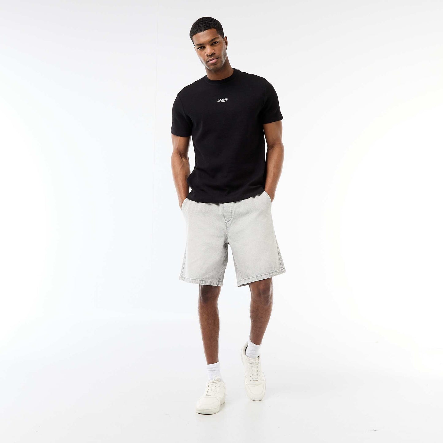 Bermuda en jean avec taille élastiquée GRIS