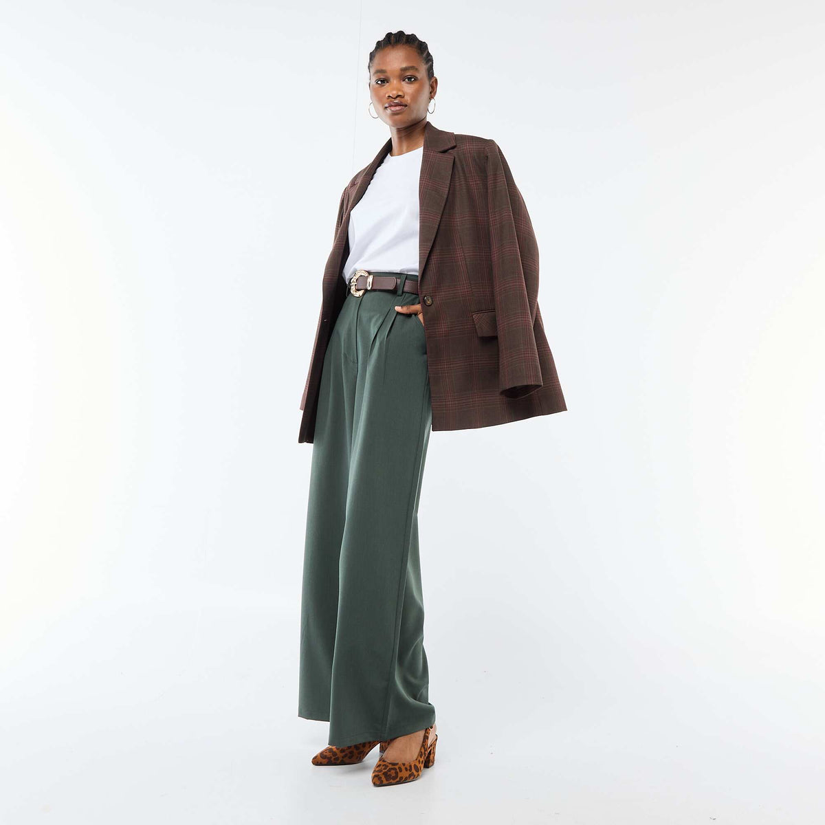 Pantalon large à pinces avec ceinture femme VERT