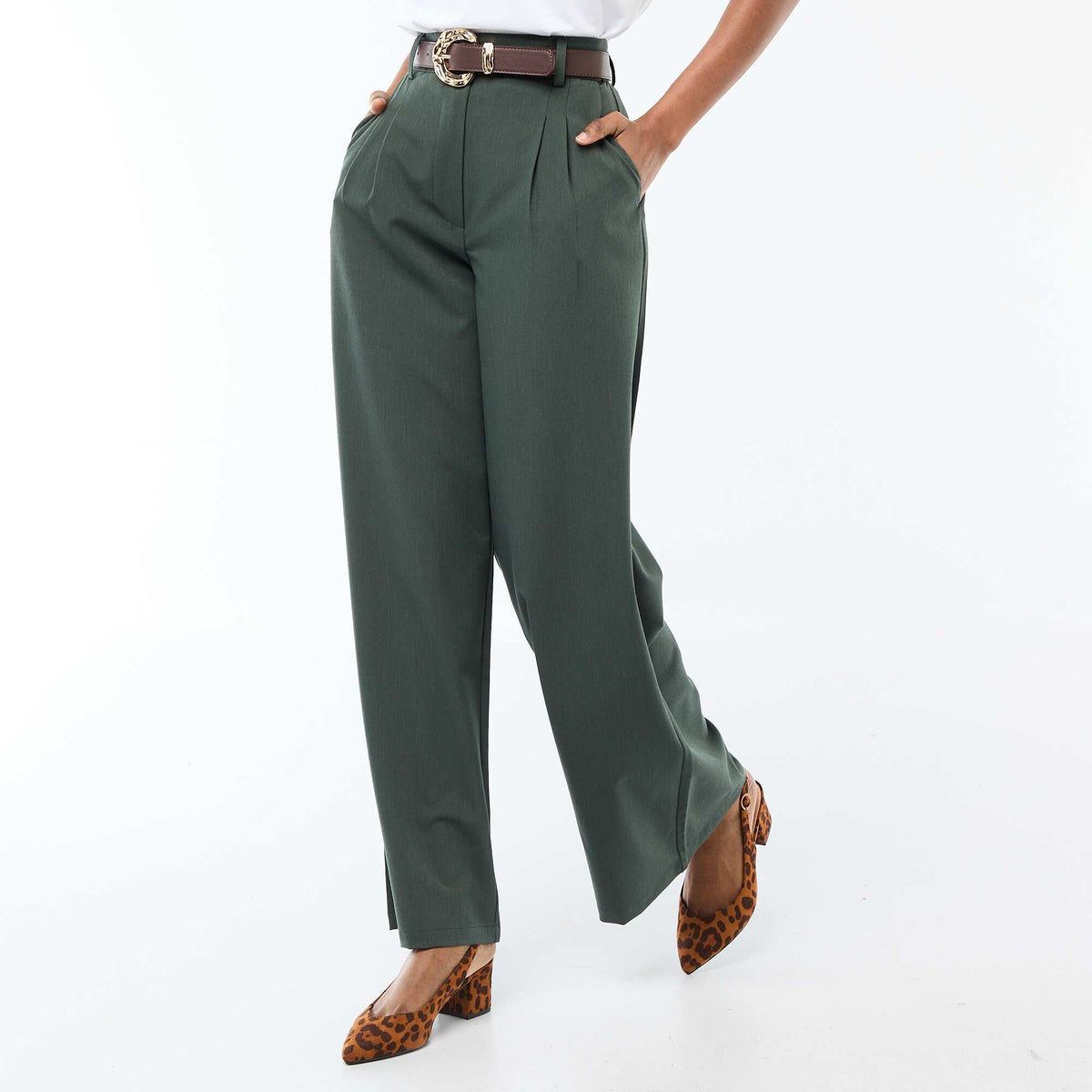 Pantalon large à pinces avec ceinture femme VERT