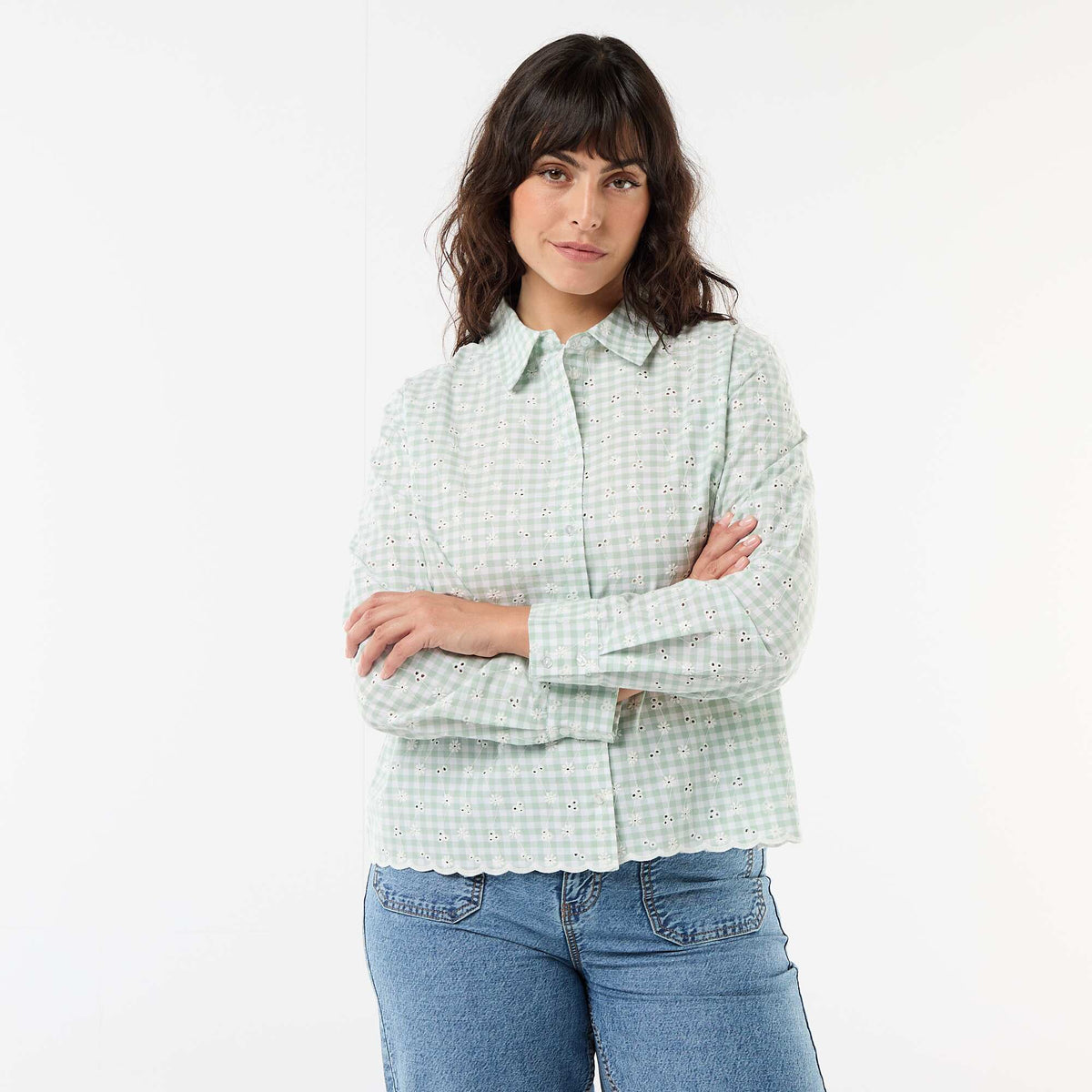 Chemise avec broderie anglaise et détails ondulés VERT à CARREAUX