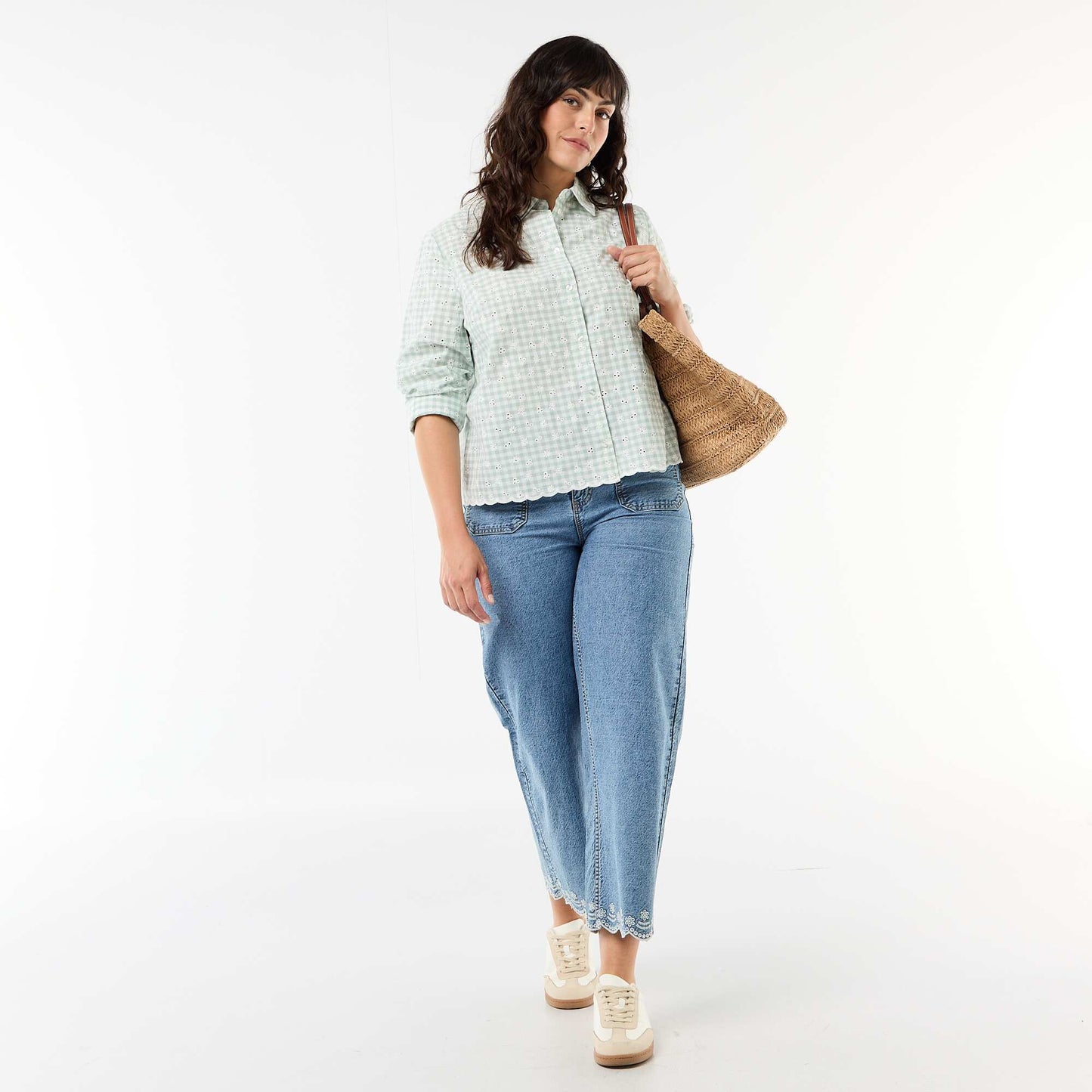 Chemise avec broderie anglaise et détails ondulés VERT à CARREAUX
