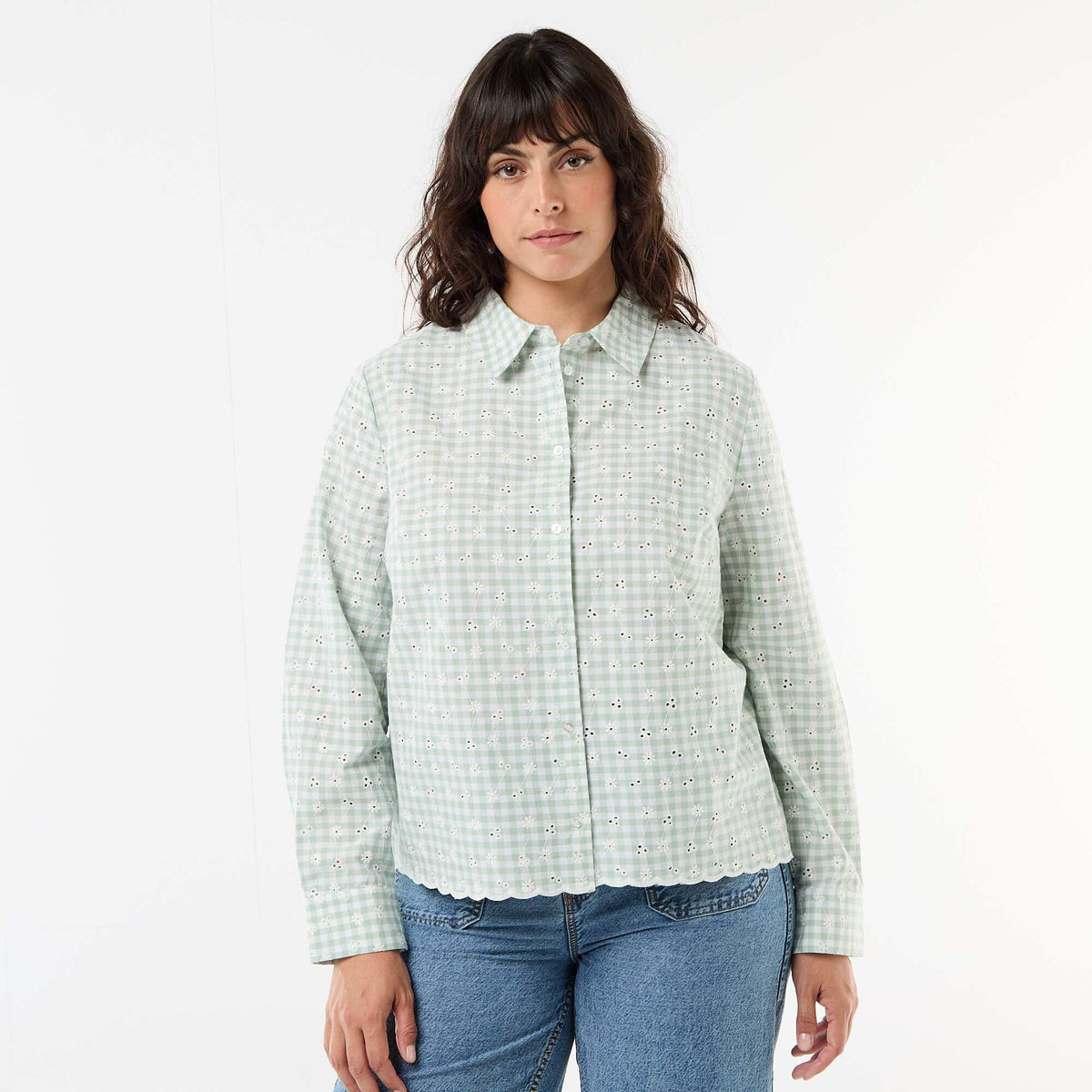 Chemise avec broderie anglaise et détails ondulés VERT à CARREAUX