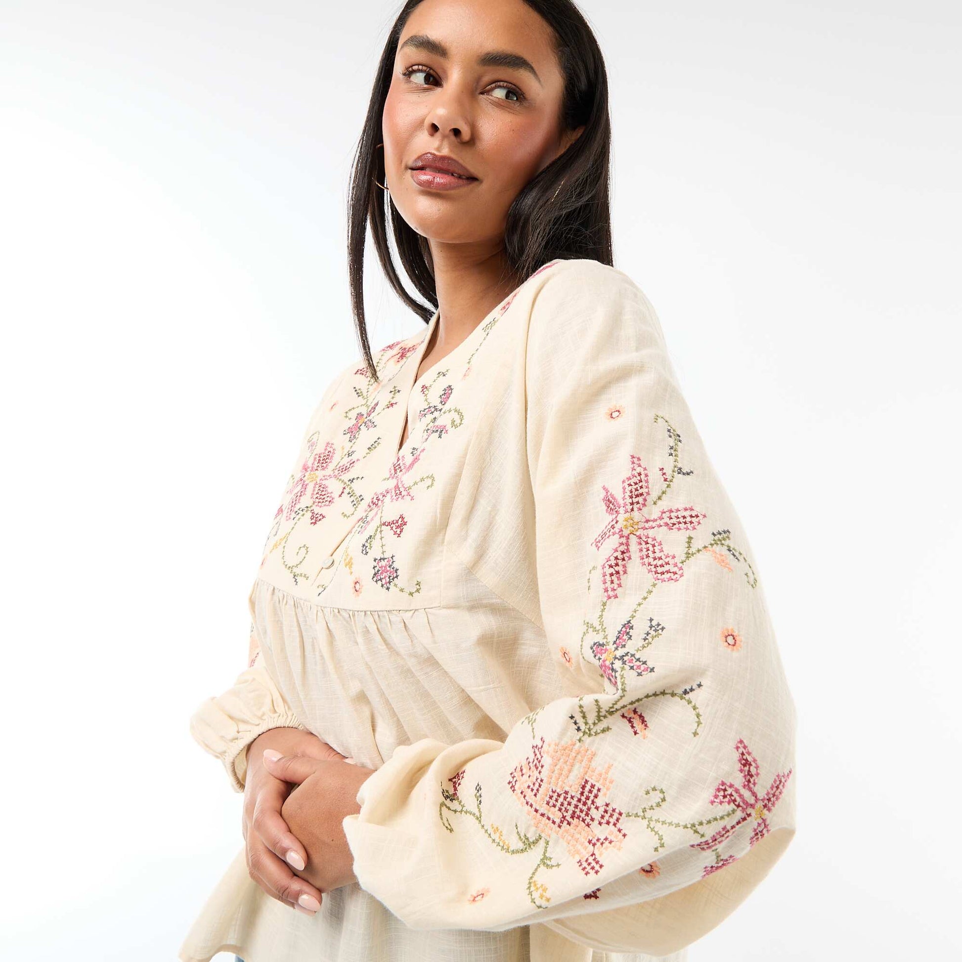 Blouse brodée à fleurs BEIGE