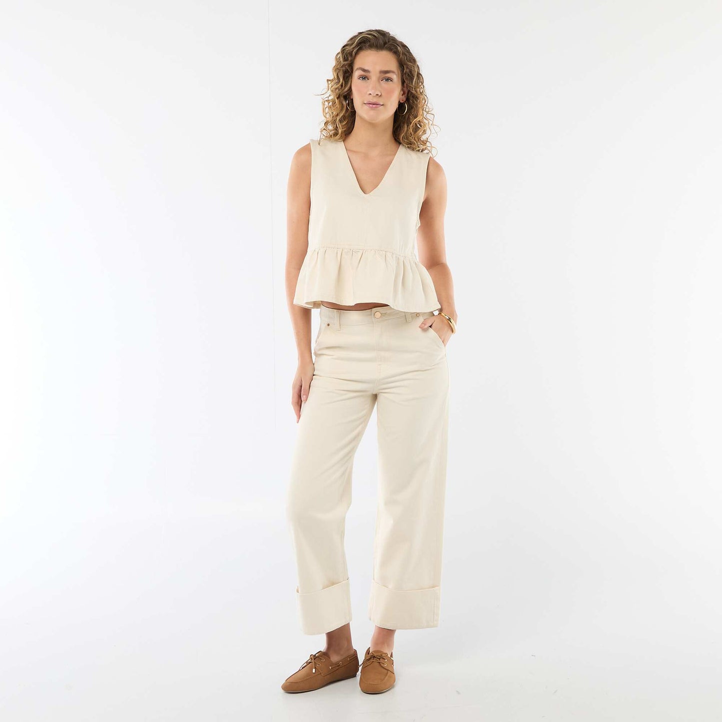 Top en jean col V BEIGE