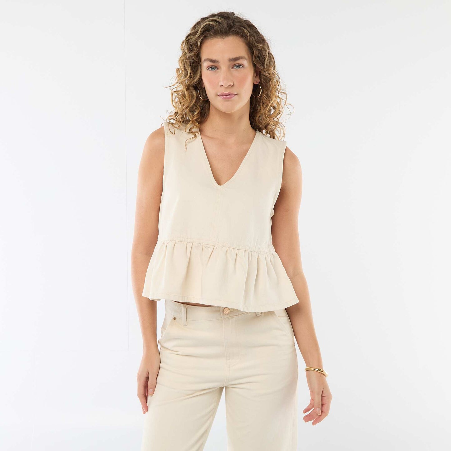 Top en jean col V BEIGE