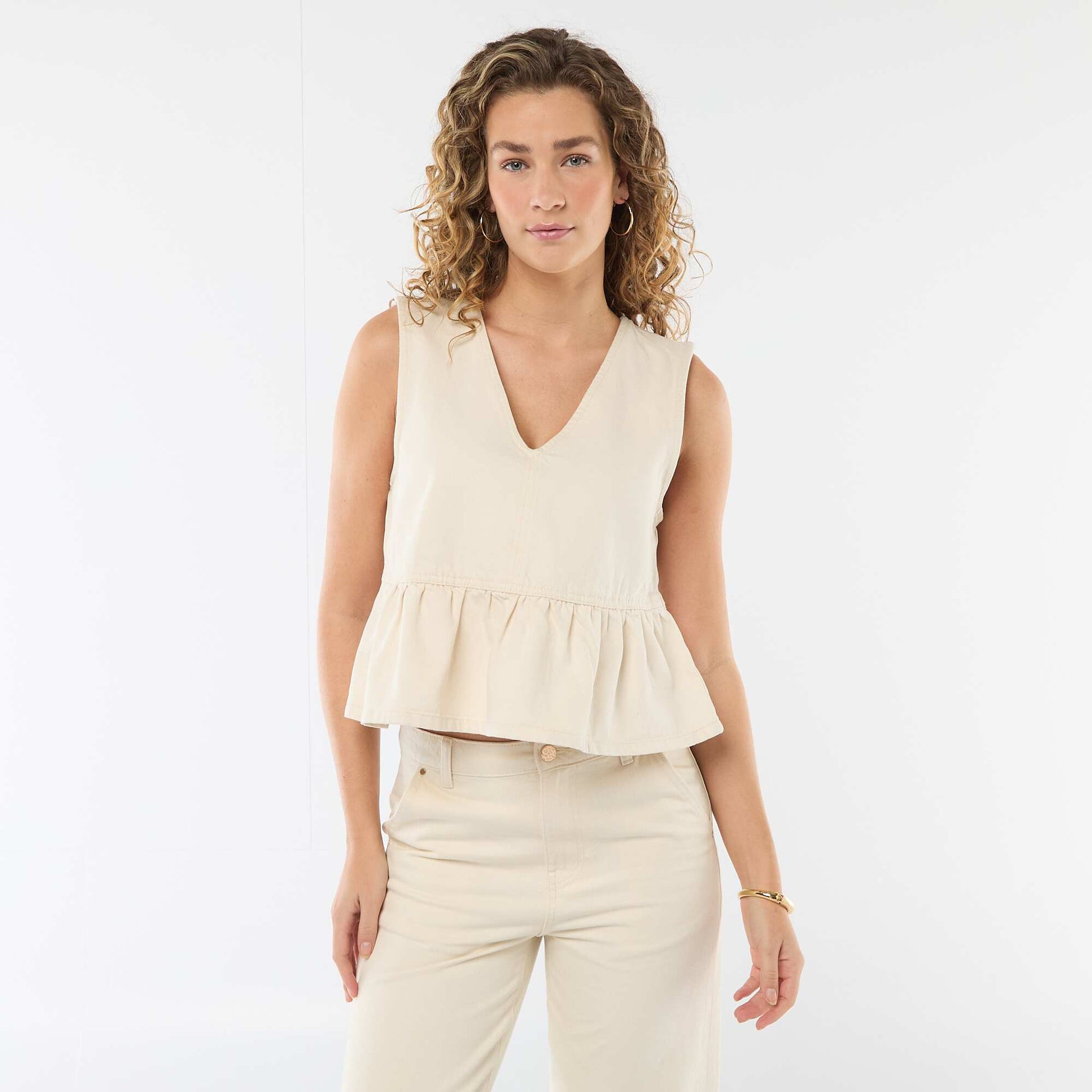 Top en jean col V BEIGE