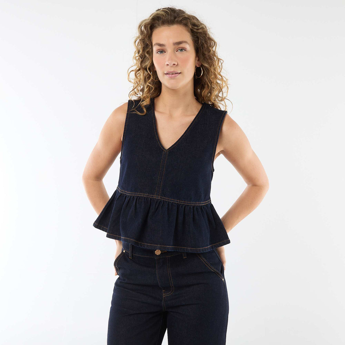 Top en jean col V BLEU