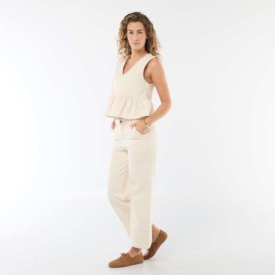 Jean taille haute avec revers en bas BEIGE