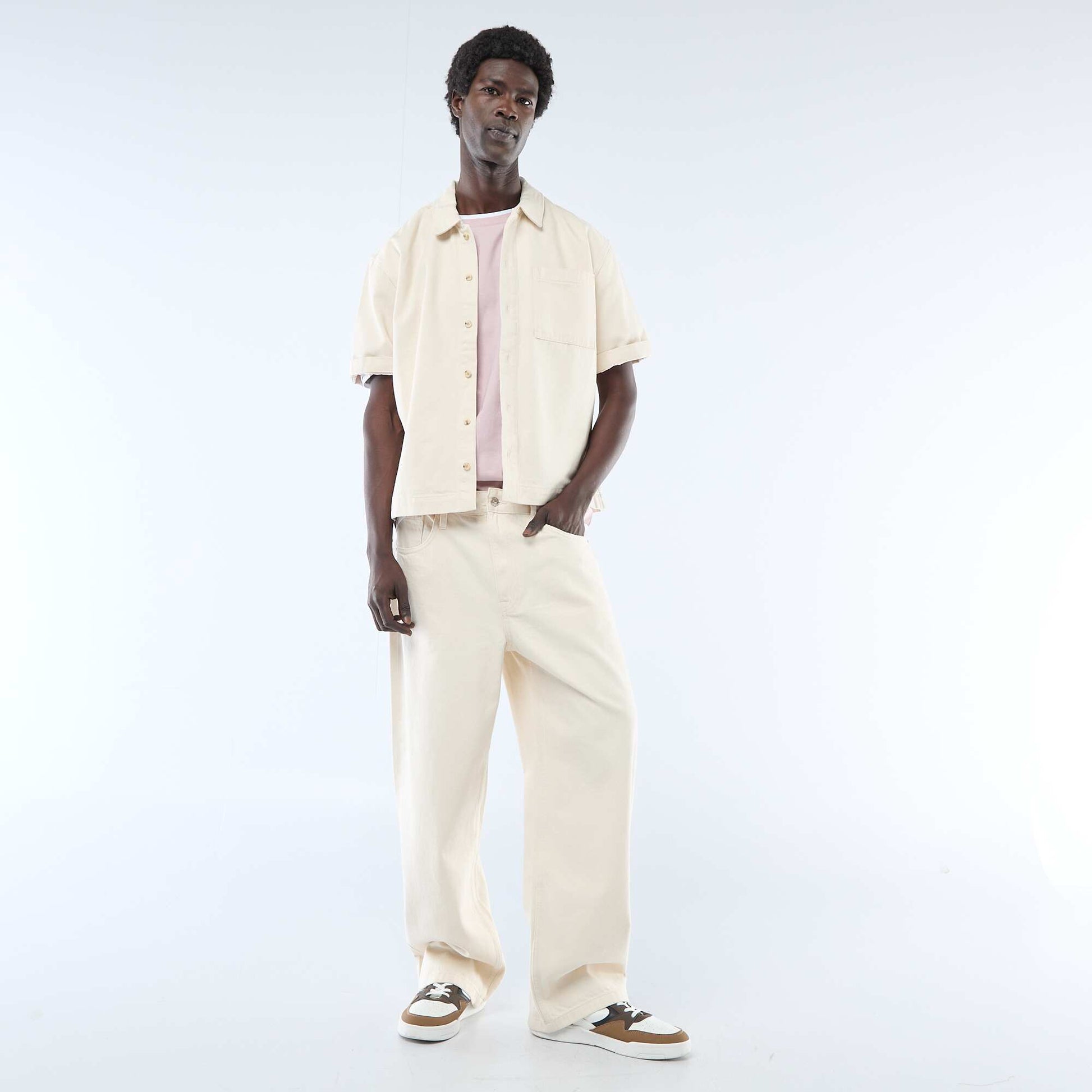 Chemise unie en jean à manches courtes BEIGE