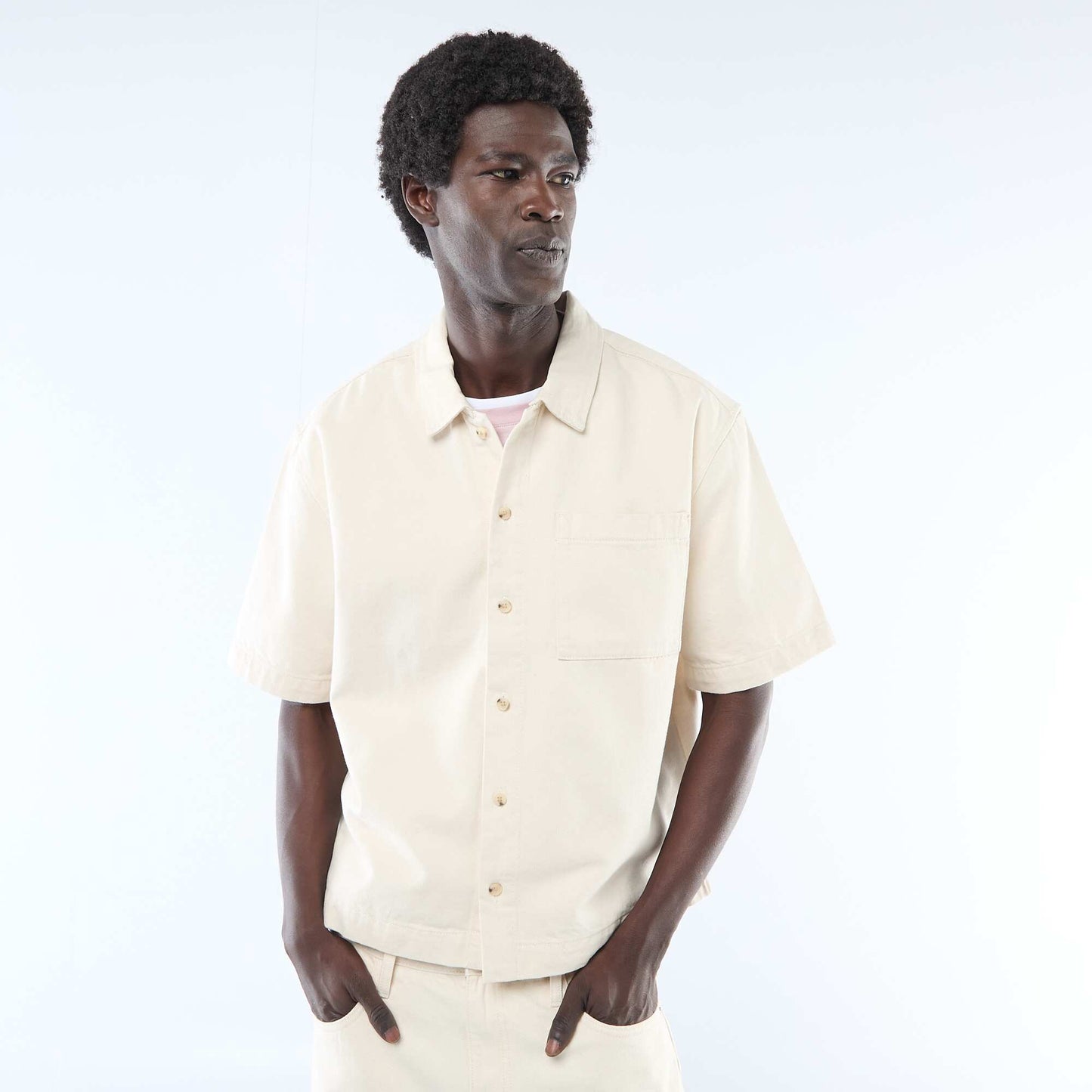 Chemise unie en jean à manches courtes BEIGE