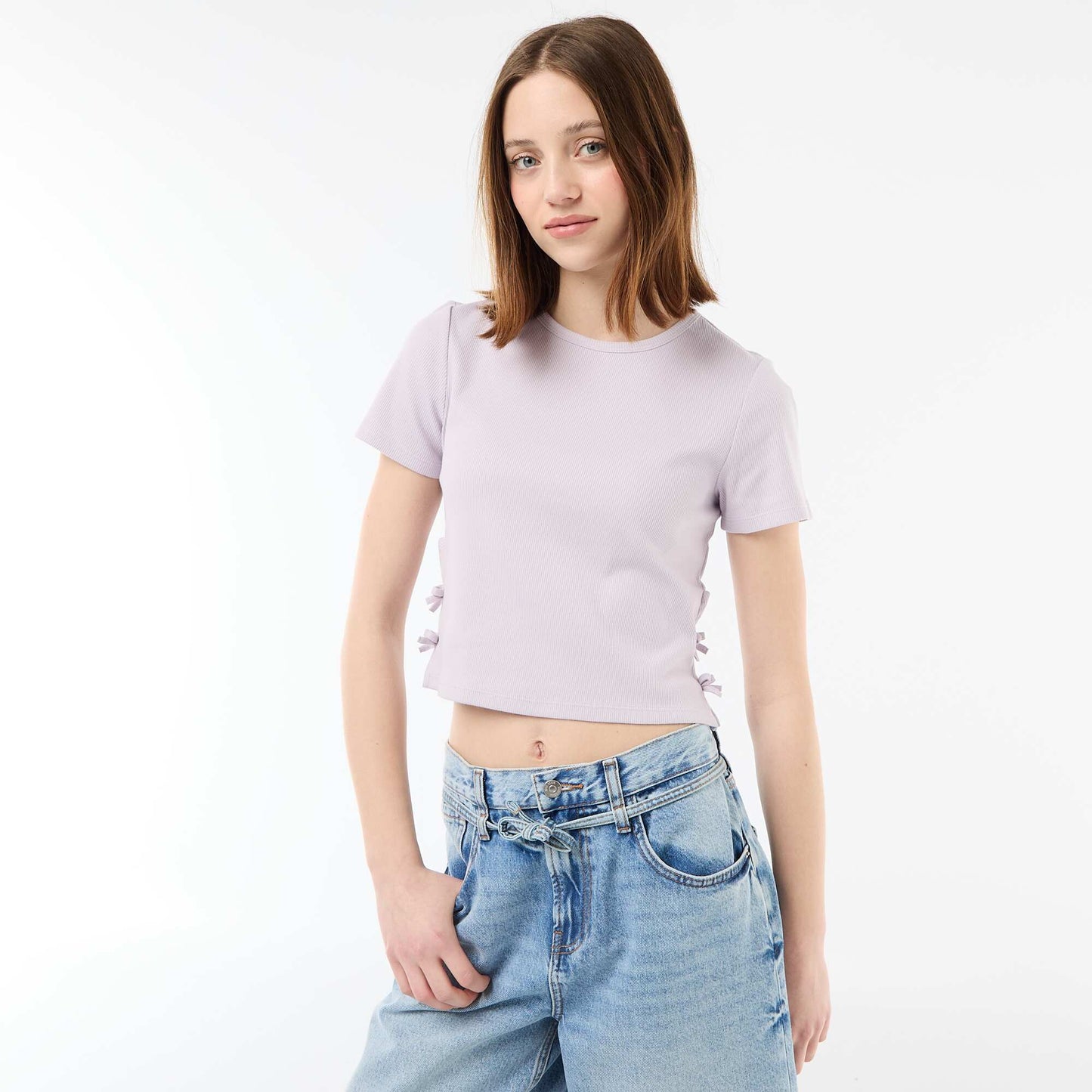 Tee-shirt cropped côtelé avec noeuds VIOLET