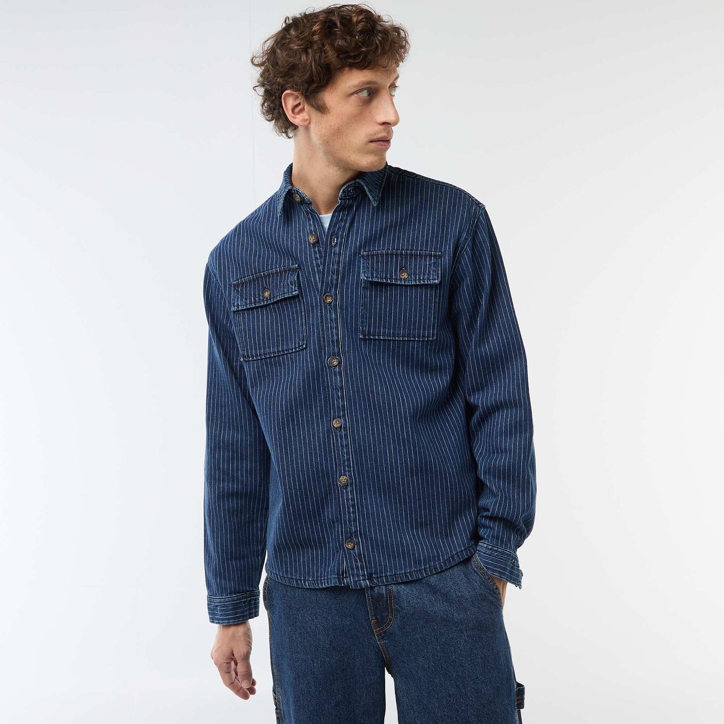 Chemise en jean rayée avec poches plaquées à la poitrine BLEU