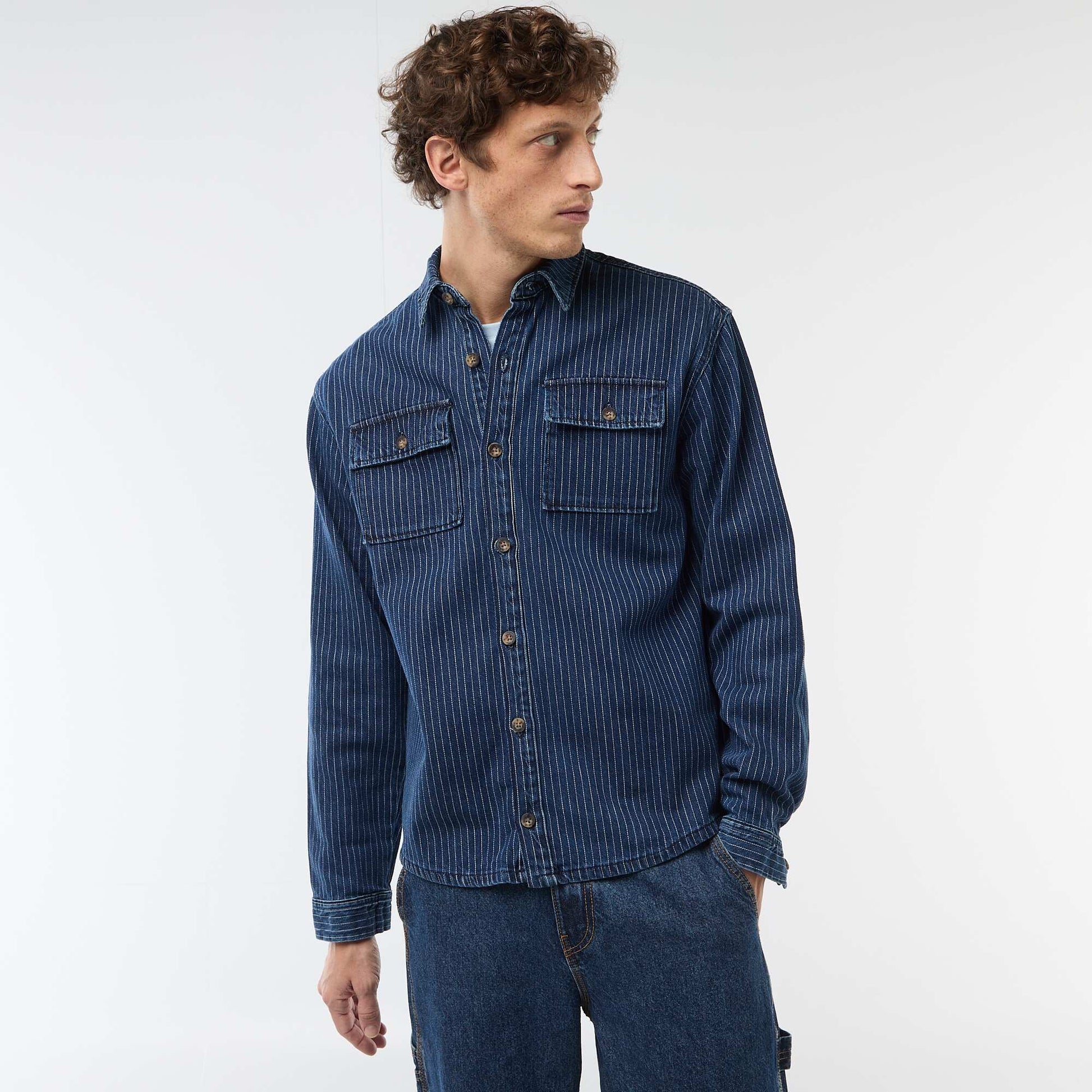 Chemise en jean rayée avec poches plaquées à la poitrine BLEU