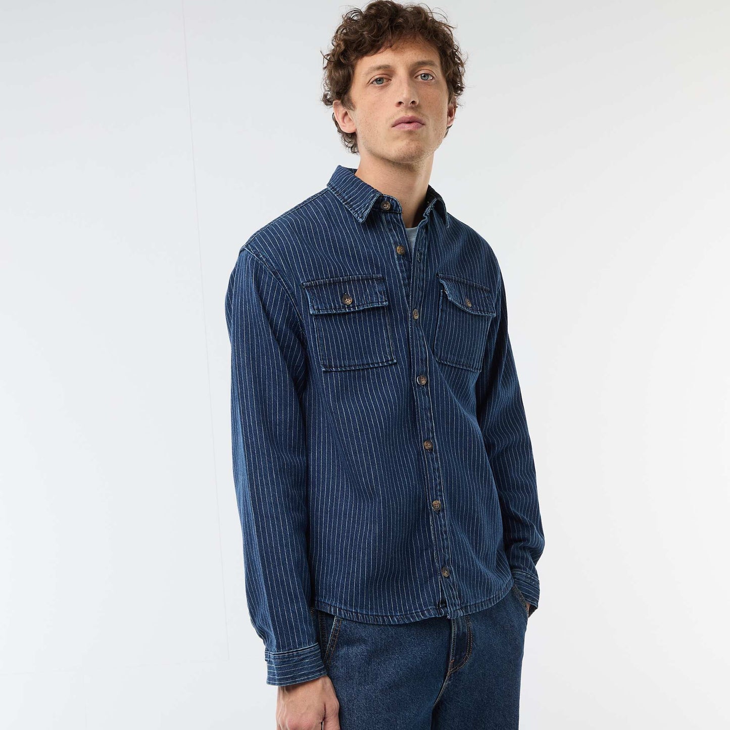 Chemise en jean rayée avec poches plaquées à la poitrine BLEU