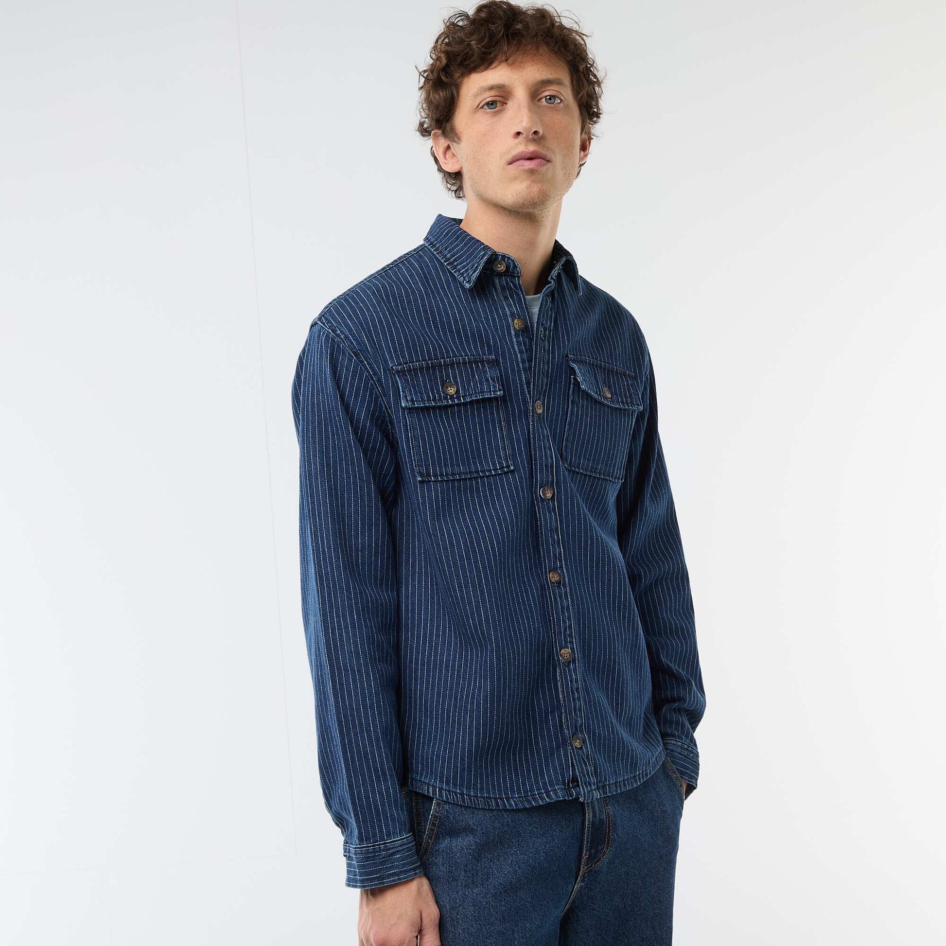 Chemise en jean rayée avec poches plaquées à la poitrine BLEU