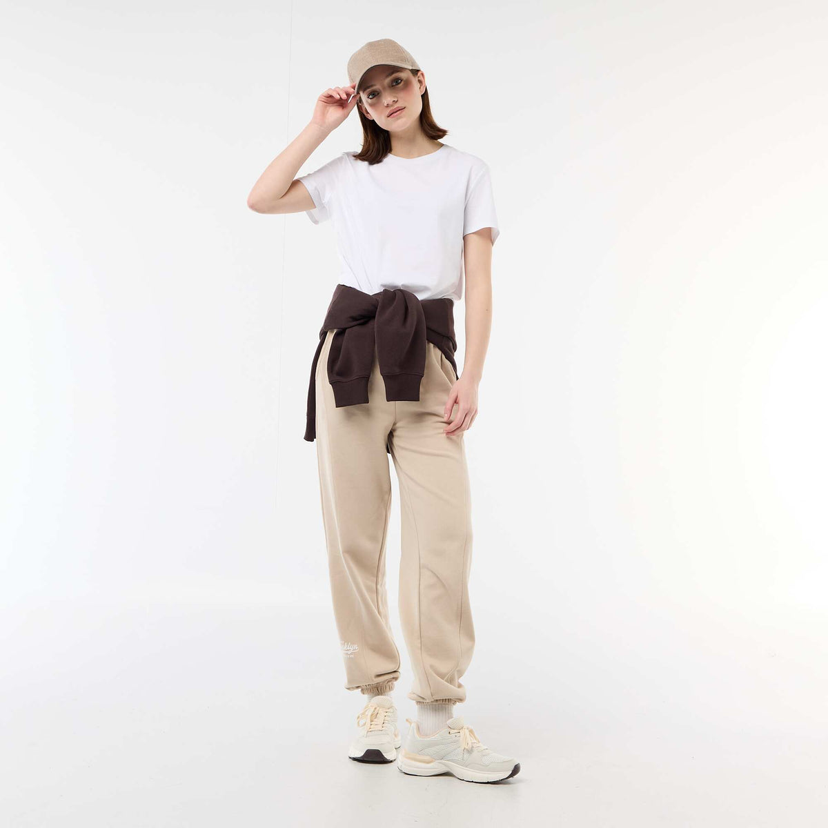 Jogging forme barrel en coton uni BEIGE