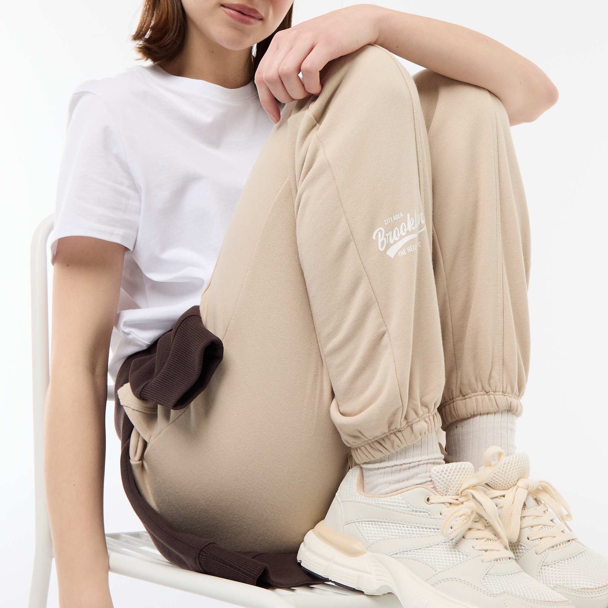 Jogging forme barrel en coton uni BEIGE