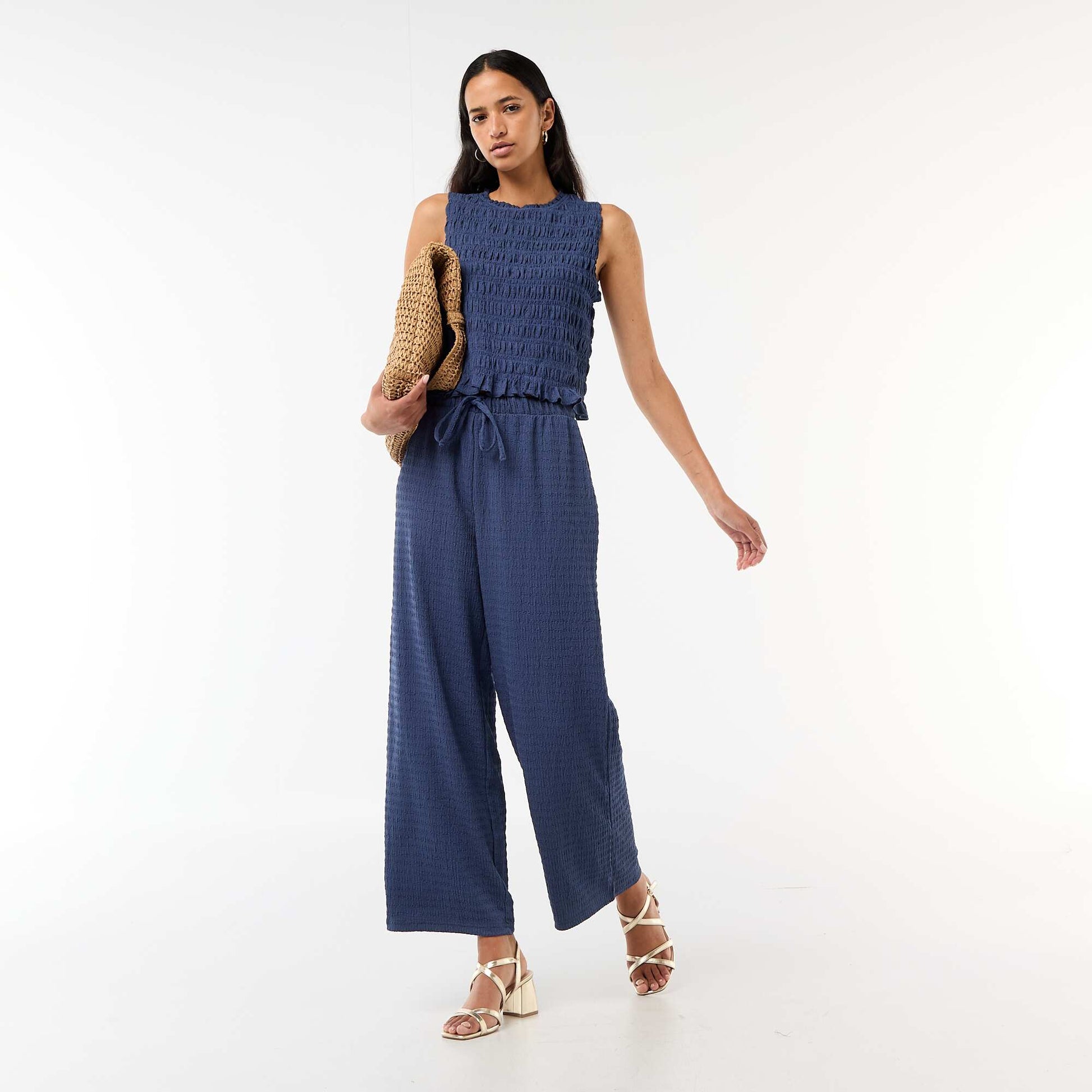 Pantalon large en maille smockée BLEU